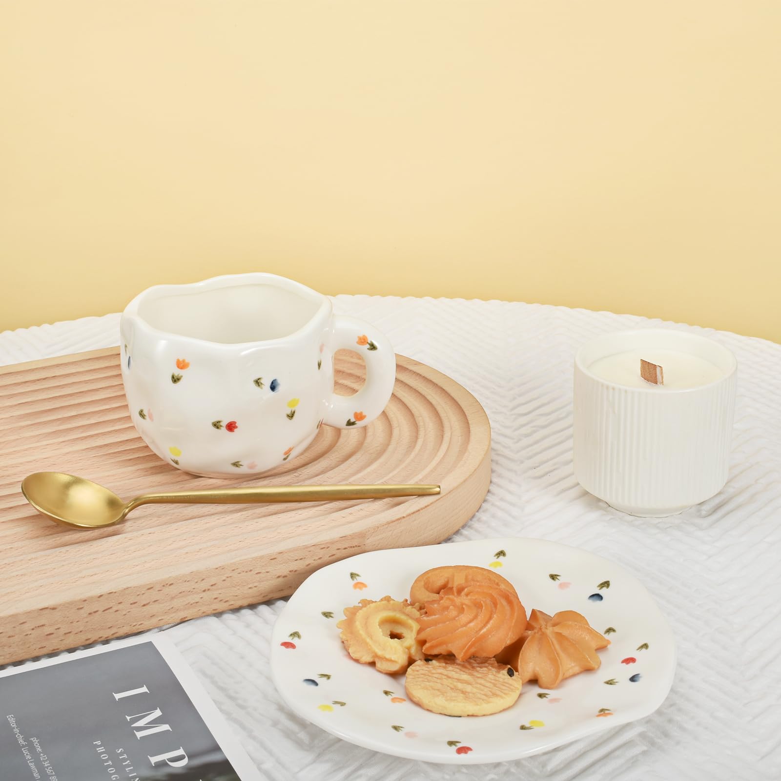 Koythin Koythin Cute Pink Ceramic Coffee Mug with Saucer 10 oz Dishwasher Microwave Safe for Office Home Colorful Tulips - View 8 of 9