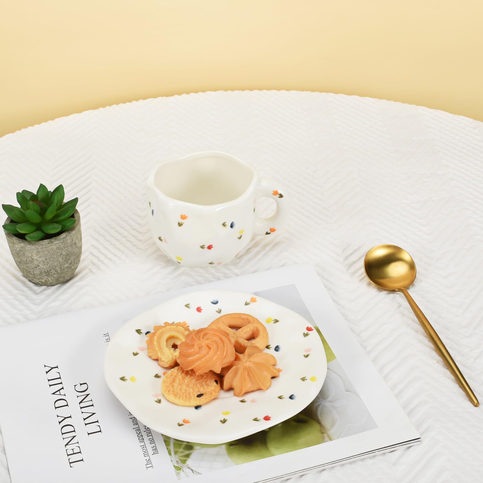 Koythin Koythin Cute Pink Ceramic Coffee Mug with Saucer 10 oz Dishwasher Microwave Safe for Office Home Colorful Tulips - View 9 of 9