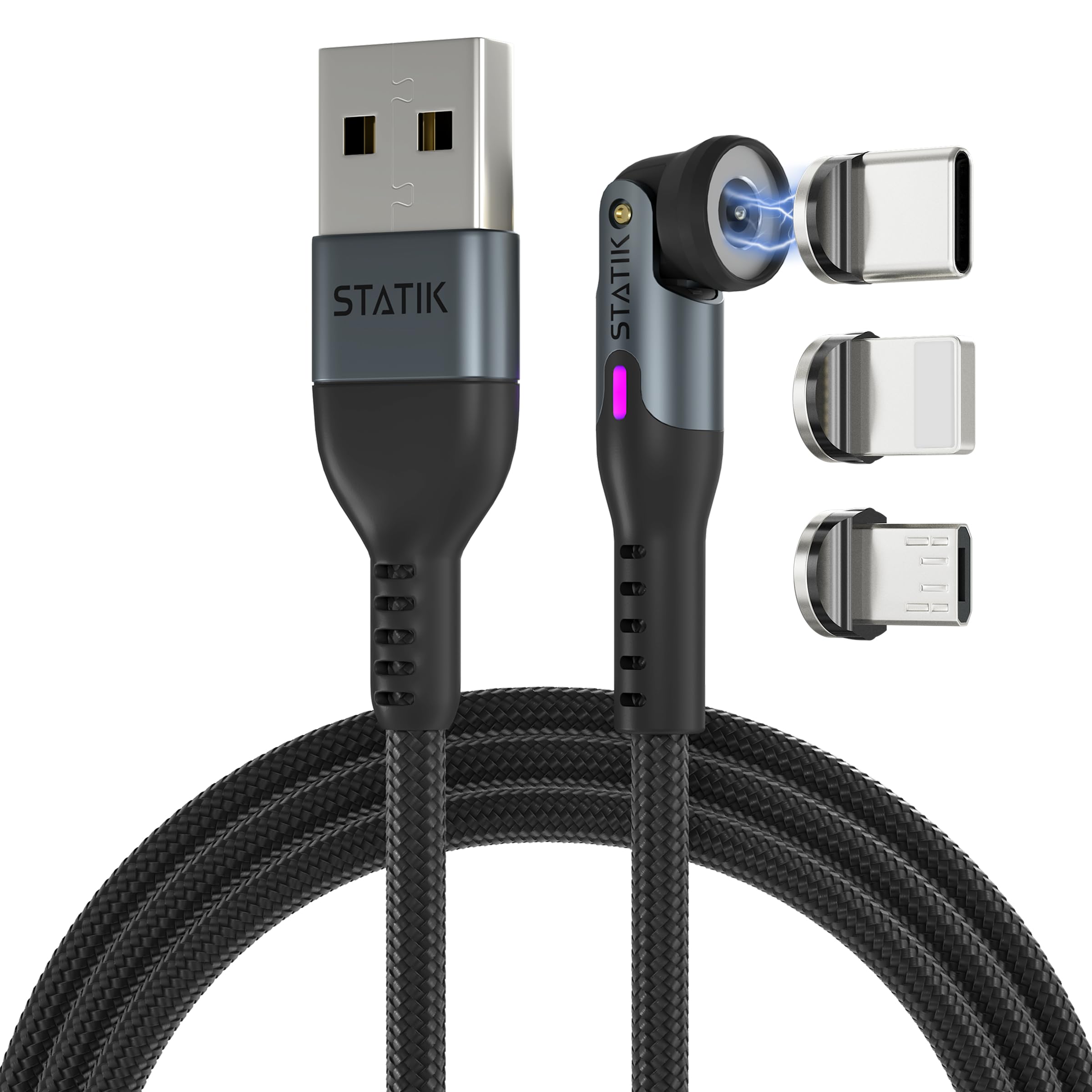 Statik Statik 360 Rotating Magnetic Charging Cable 3 Pack with 9 Magnet Tips for USB C Micro-USB USB-A Black 3FT 1M Phone Charger