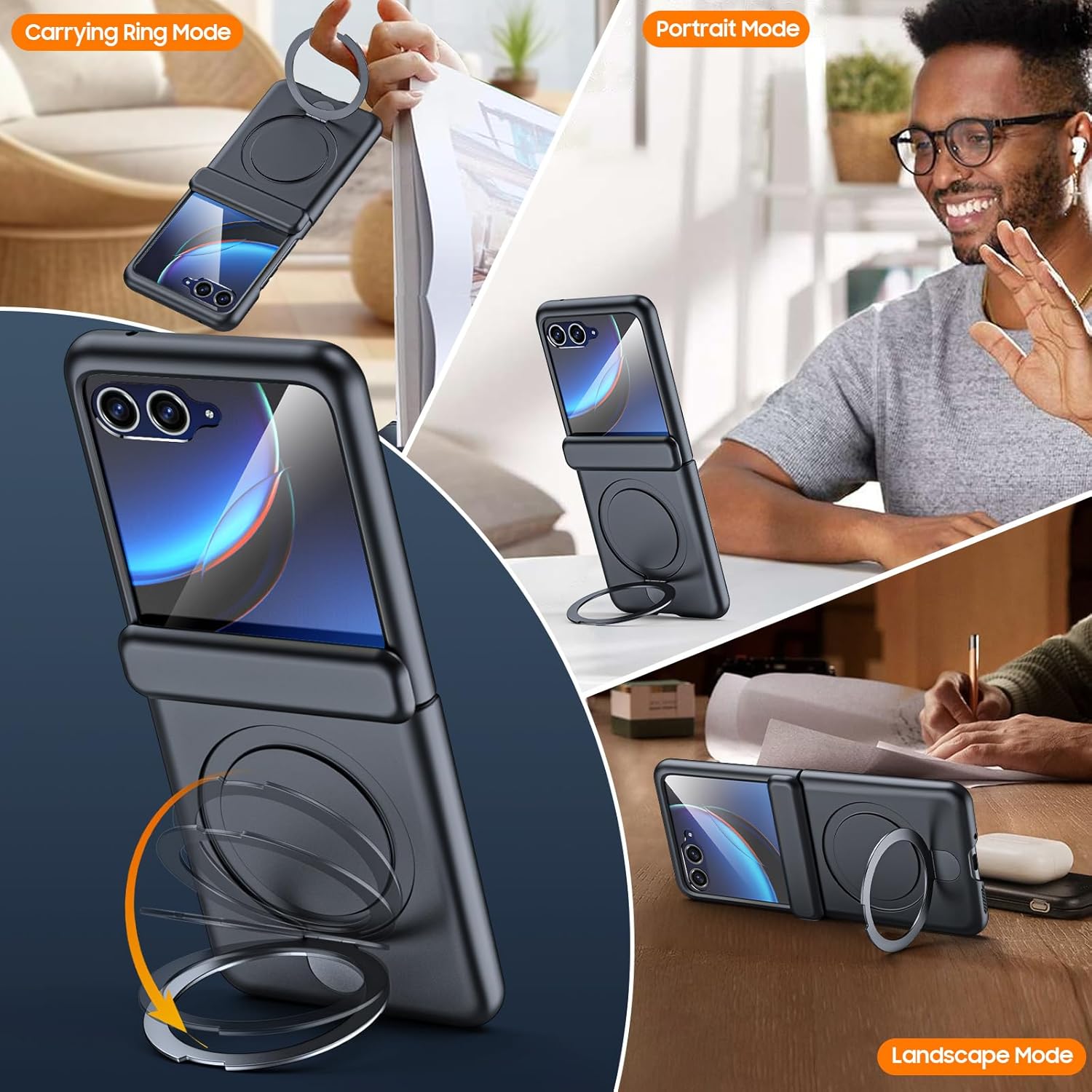 C CENMASO CENMASO Motorola Razr Plus Case with Hinge Protection Screen Protector and Magnetic Ring Stand Rugged Anti-Scratch Shockproof Black 2023 - View 3 of 7