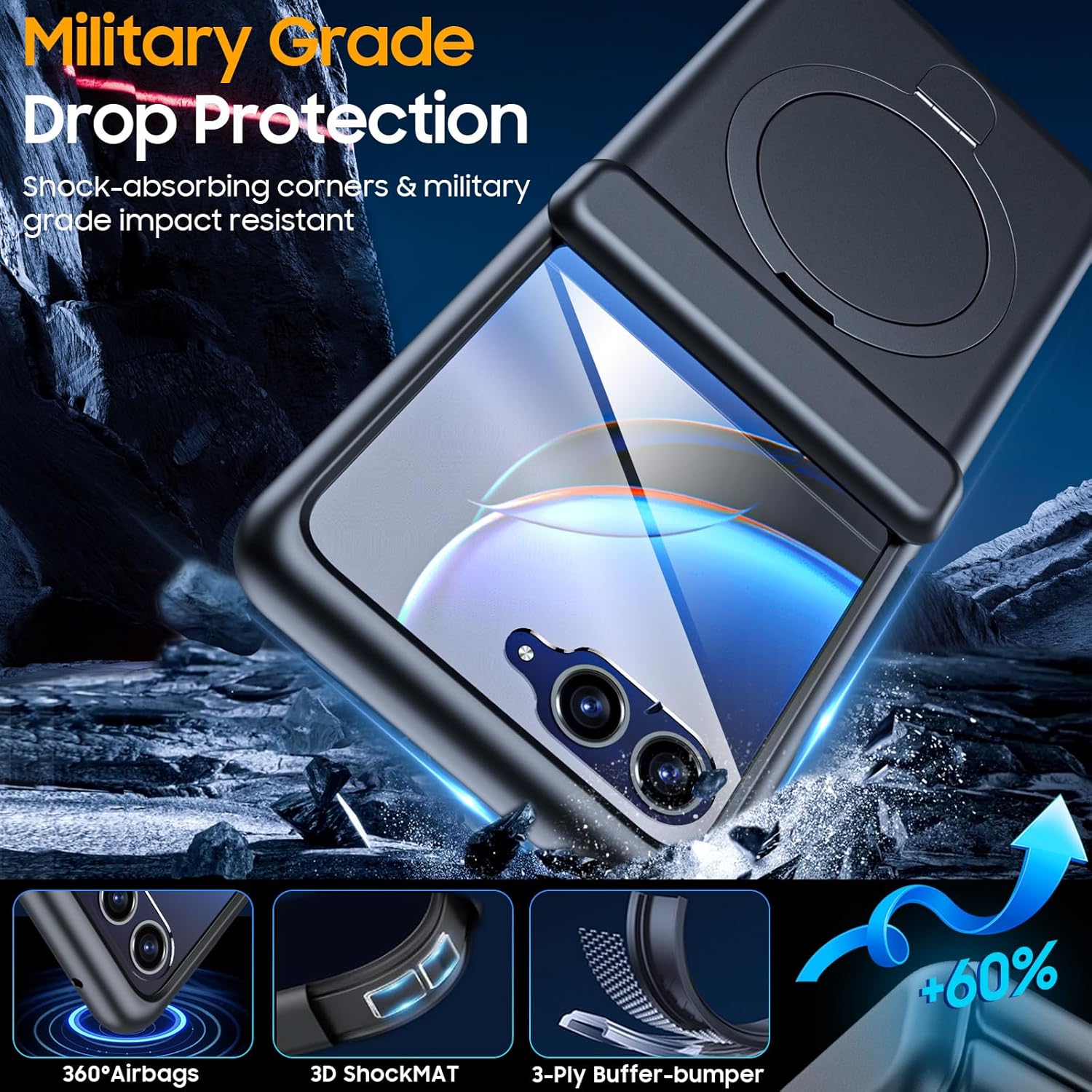 C CENMASO CENMASO Motorola Razr Plus Case with Hinge Protection Screen Protector and Magnetic Ring Stand Rugged Anti-Scratch Shockproof Black 2023 - View 5 of 7