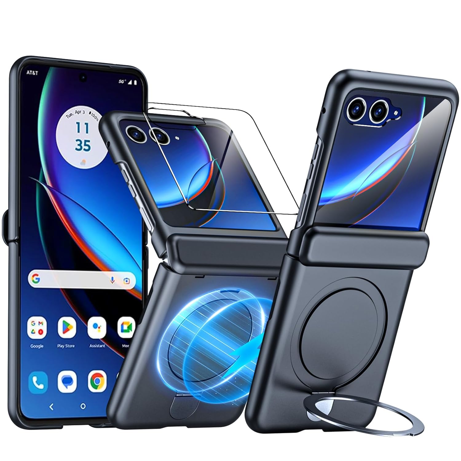 C CENMASO CENMASO Motorola Razr Plus Case with Hinge Protection Screen Protector and Magnetic Ring Stand Rugged Anti-Scratch Shockproof Black 2023