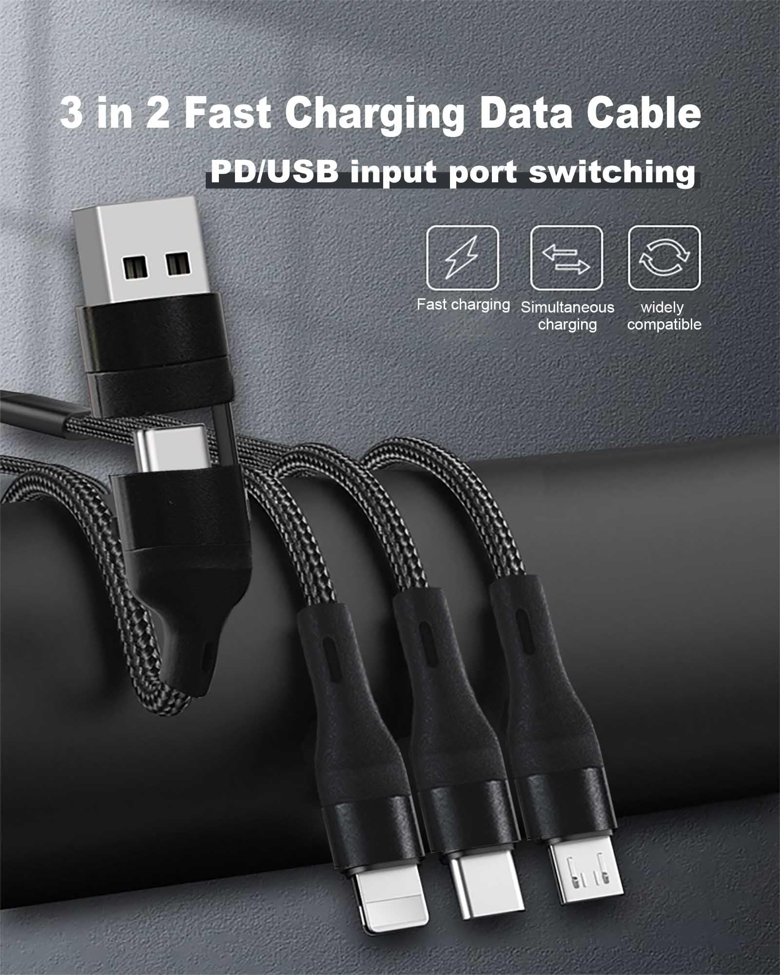 Awnuwuy 100W Multi 3 in 2 Fast Charging Cable 10FT Black Nylon Braided for iPhone 15 Samsung S24 Multiple Devices Laptops and Tablets - View 3 of 6