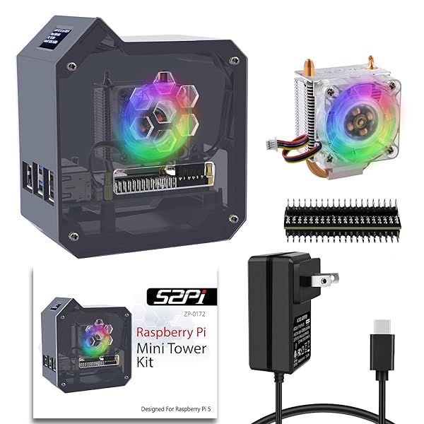 GeeekPi GeeekPi Mini Tower Kit with Power Supply and Cooling for Raspberry Pi 5 Case OLED Module RGB Fan Heatsink GPIO Expansion Board