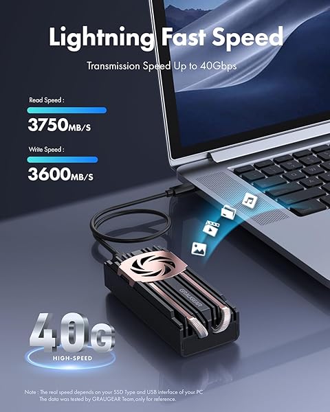 GRAUGEAR GRAUGEAR 40Gbps M2 NVMe SSD Enclosure USB4 with Cooling Fan Dual-Pipe Heatsink Aluminum Thunderbolt 4 3 ASM2464PD Chip - View 4 of 11