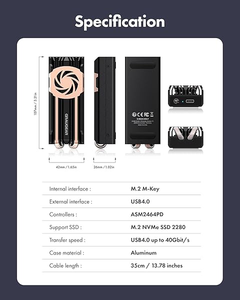 GRAUGEAR GRAUGEAR 40Gbps M2 NVMe SSD Enclosure USB4 with Cooling Fan Dual-Pipe Heatsink Aluminum Thunderbolt 4 3 ASM2464PD Chip - View 11 of 11