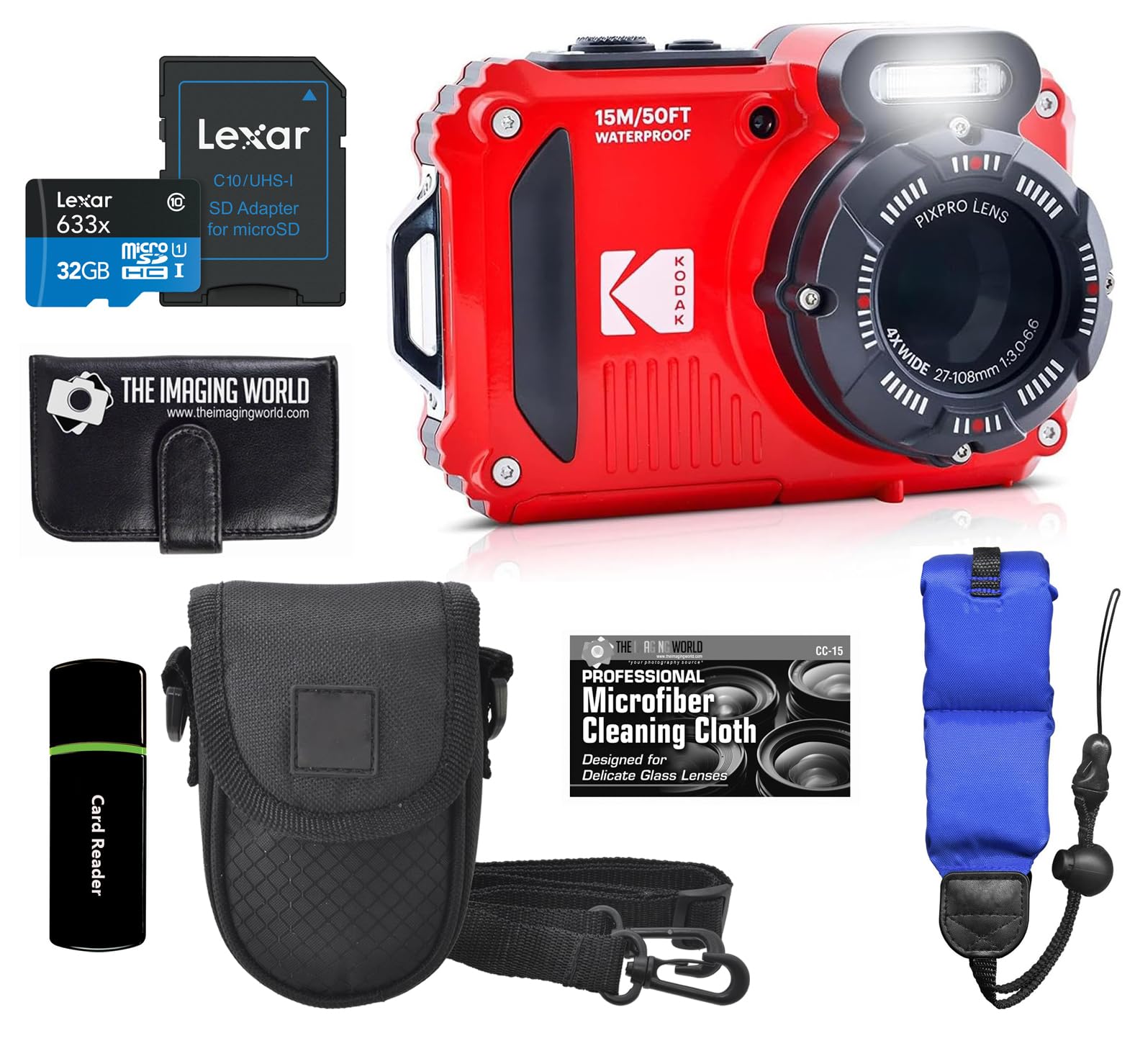 The Imaging World Kodak PIXPRO WPZ2 Waterproof Shockproof Digital Camera 16MP 4X Zoom 1080P HD Vlogging Bundle with 32GB Card Case and Floating Strap