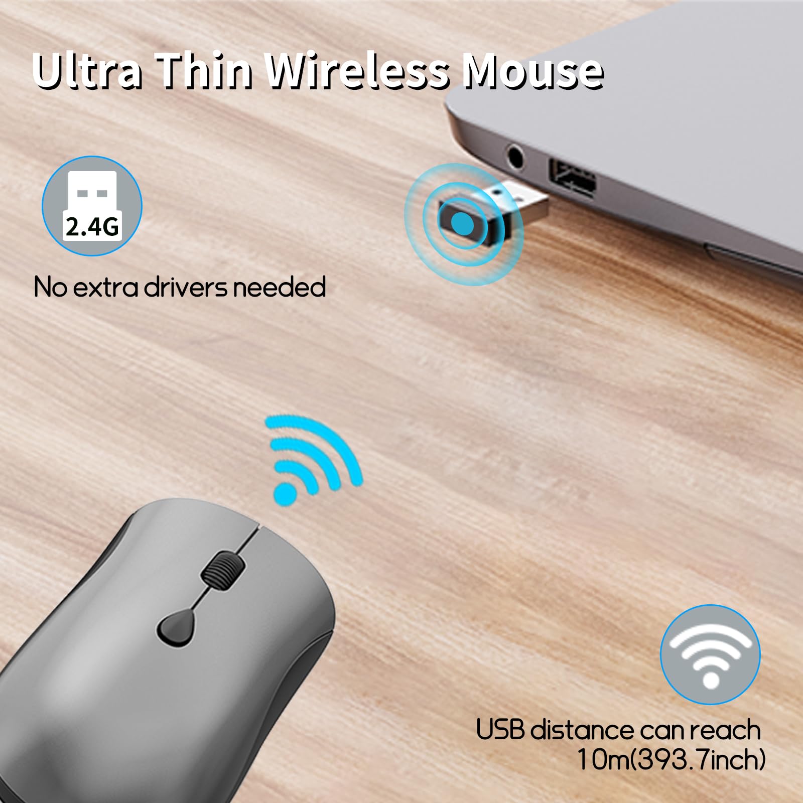 SHUNJINRUN Slim Portable Wireless Mouse for Chromebook Laptop PC Macbook Quiet Click 2400 DPI 2.4GHz Cordless Travel Mouse in Space Gray and Black - View 3 of 7