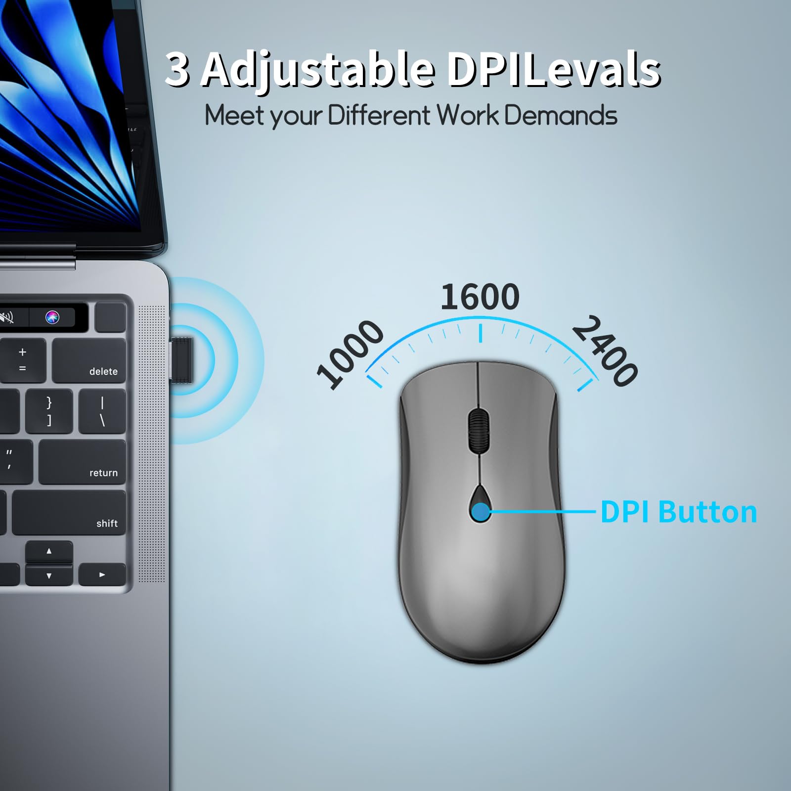 SHUNJINRUN Slim Portable Wireless Mouse for Chromebook Laptop PC Macbook Quiet Click 2400 DPI 2.4GHz Cordless Travel Mouse in Space Gray and Black - View 4 of 7