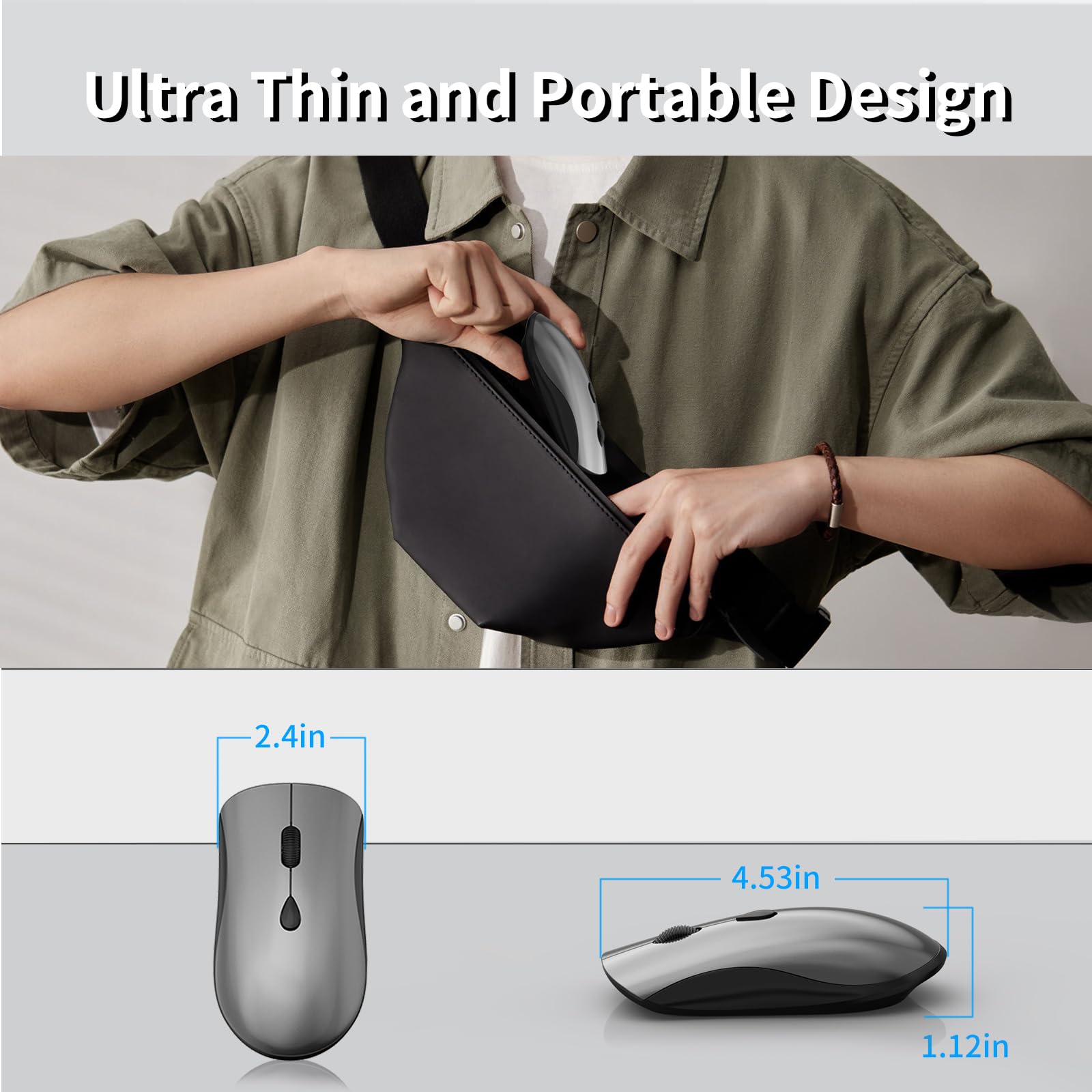 SHUNJINRUN Slim Portable Wireless Mouse for Chromebook Laptop PC Macbook Quiet Click 2400 DPI 2.4GHz Cordless Travel Mouse in Space Gray and Black - View 5 of 7