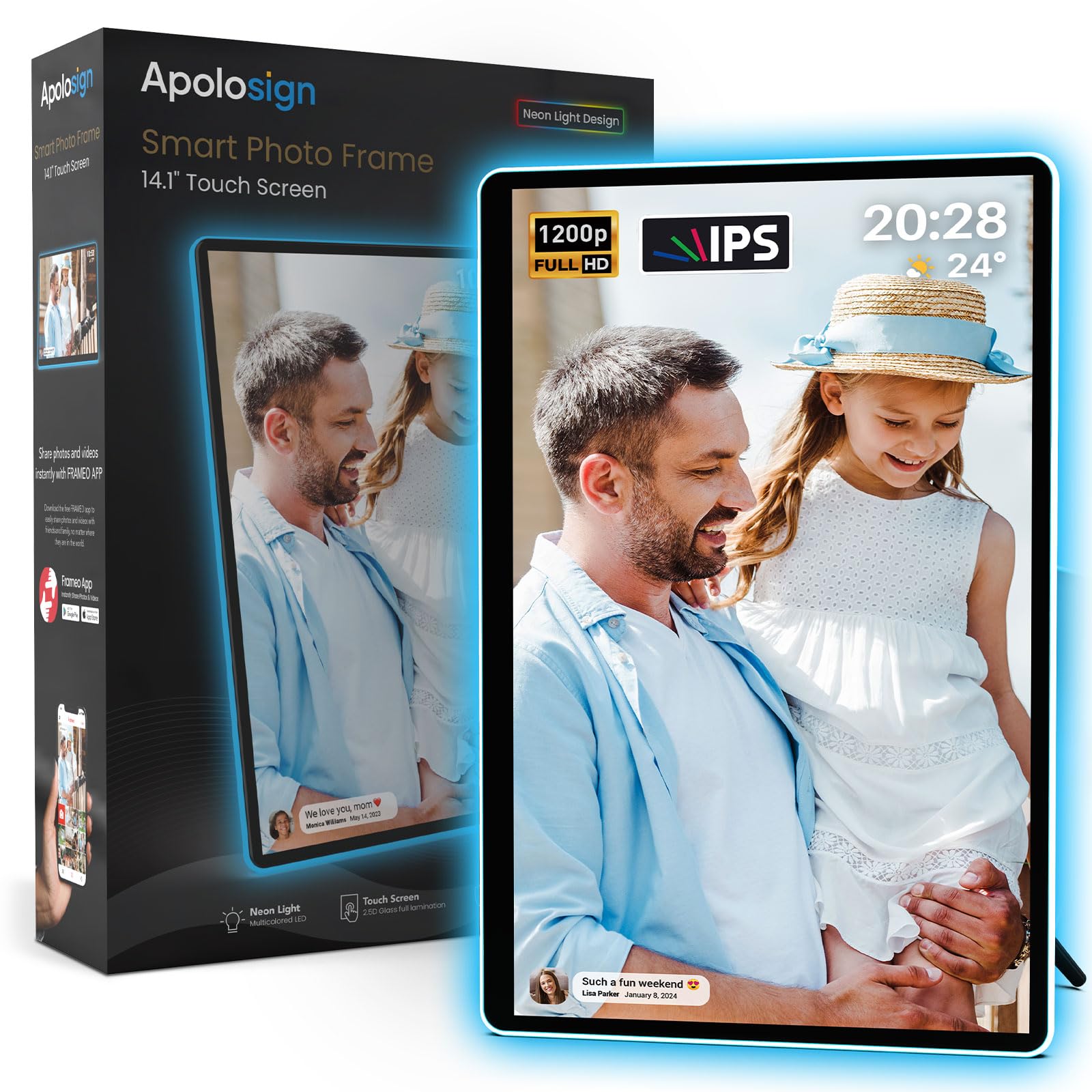 ApoloSign ApoloSign Neon Light Digital Picture Frame 14 Inch 2K FHD Display with AI Color Changing LED Strip Easy Setup and Quick Photo Sharing - View 2 of 9