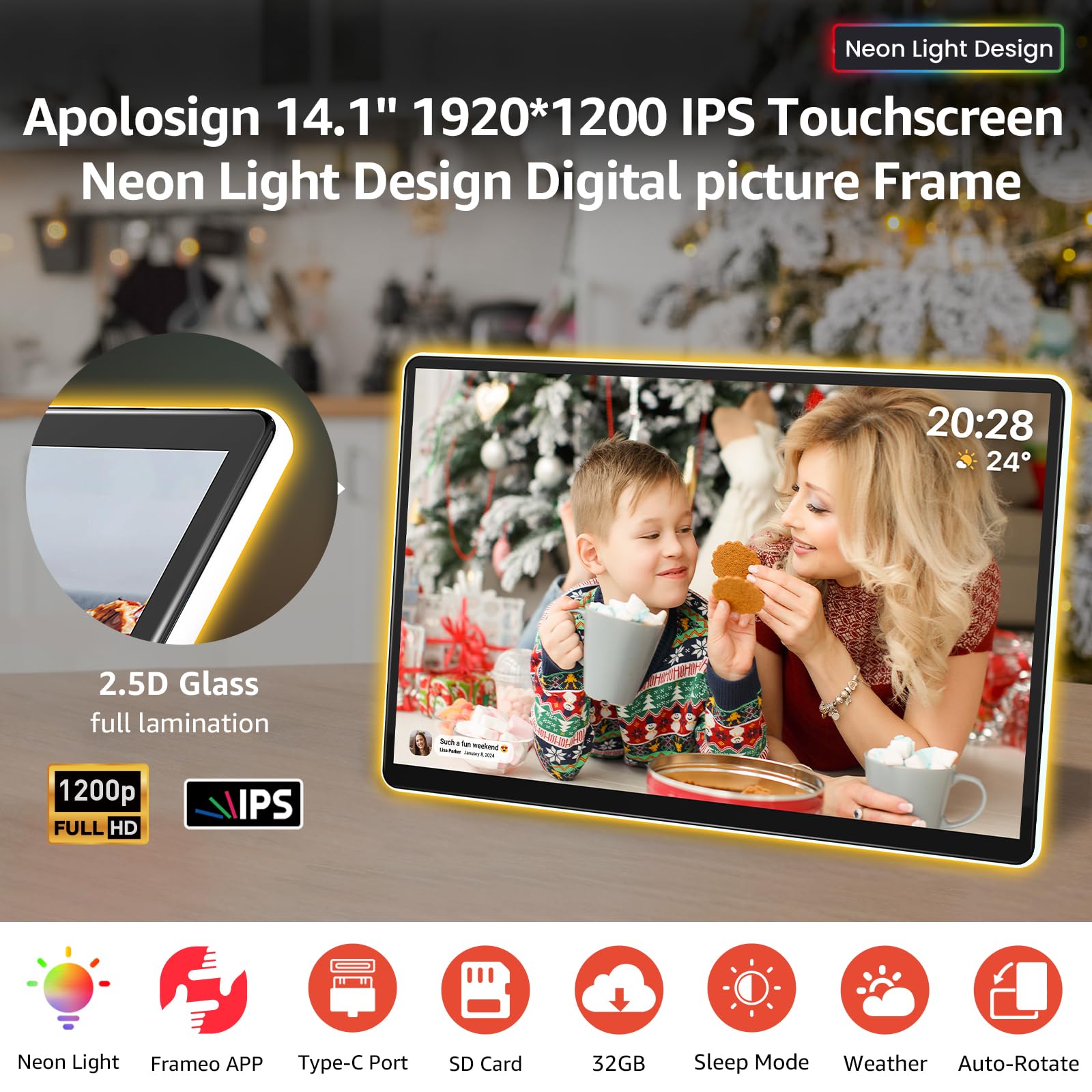 ApoloSign ApoloSign Neon Light Digital Picture Frame 14 Inch 2K FHD Display with AI Color Changing LED Strip Easy Setup and Quick Photo Sharing - View 5 of 9