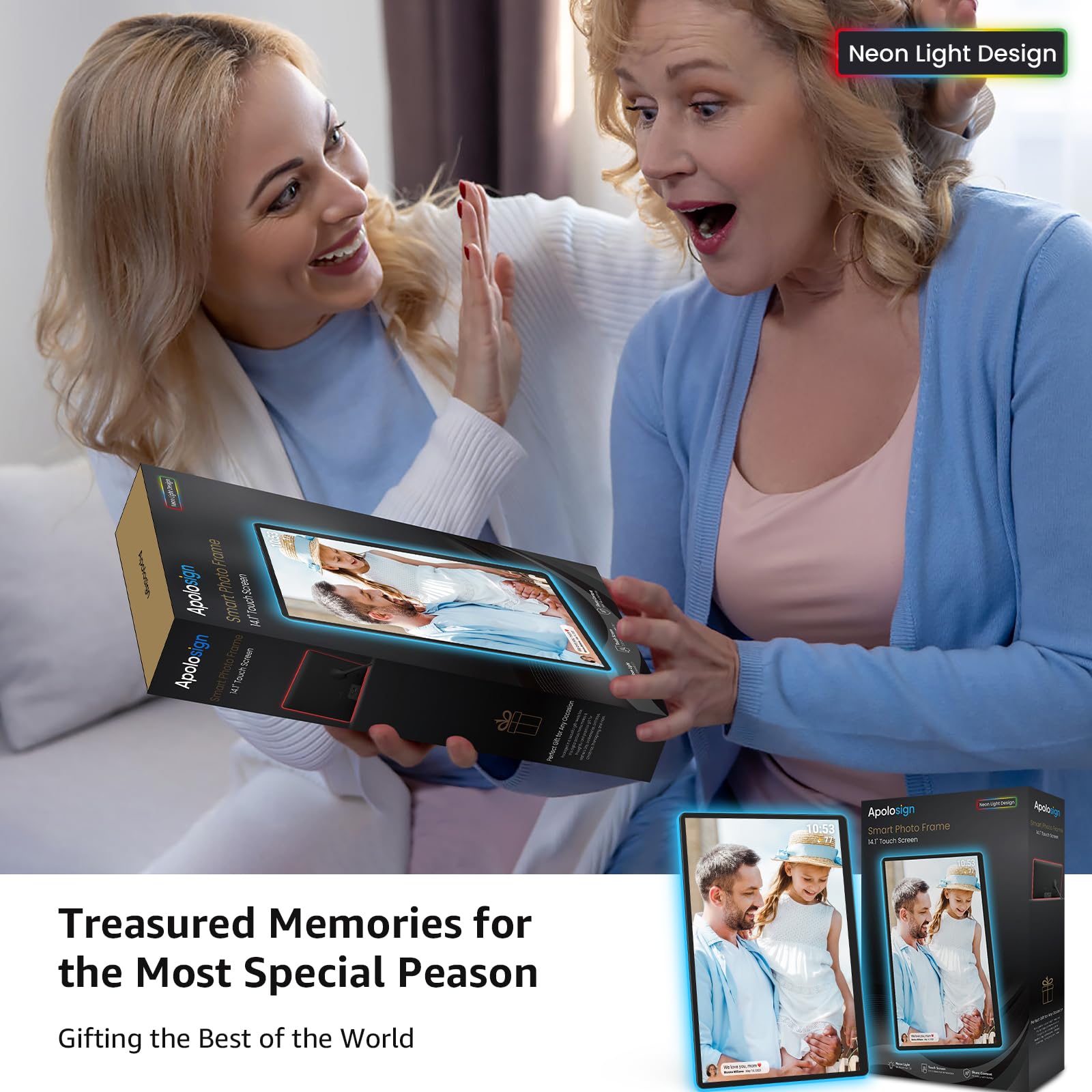 ApoloSign ApoloSign Neon Light Digital Picture Frame 14 Inch 2K FHD Display with AI Color Changing LED Strip Easy Setup and Quick Photo Sharing - View 8 of 9