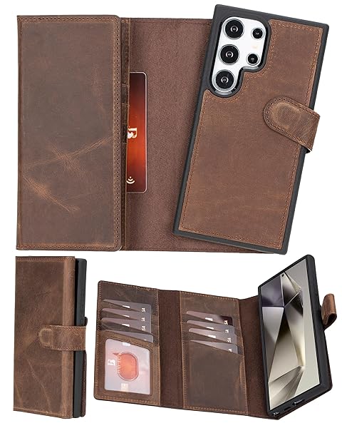 Bayelon Trifold Leather Wallet Case for Samsung Galaxy S24 Ultra with Card Holder and RFID Protection in Dark Brown - View 3 of 11