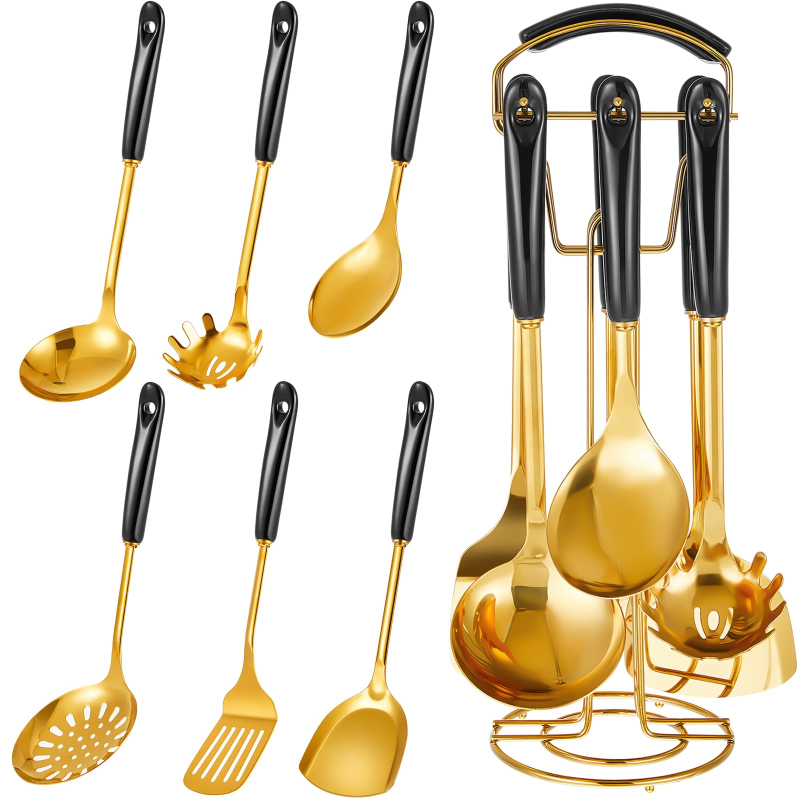 Blushtier Black and Gold 7 Piece Stainless Steel Cooking Utensils Set with Hanging Shelf for Kitchen Use