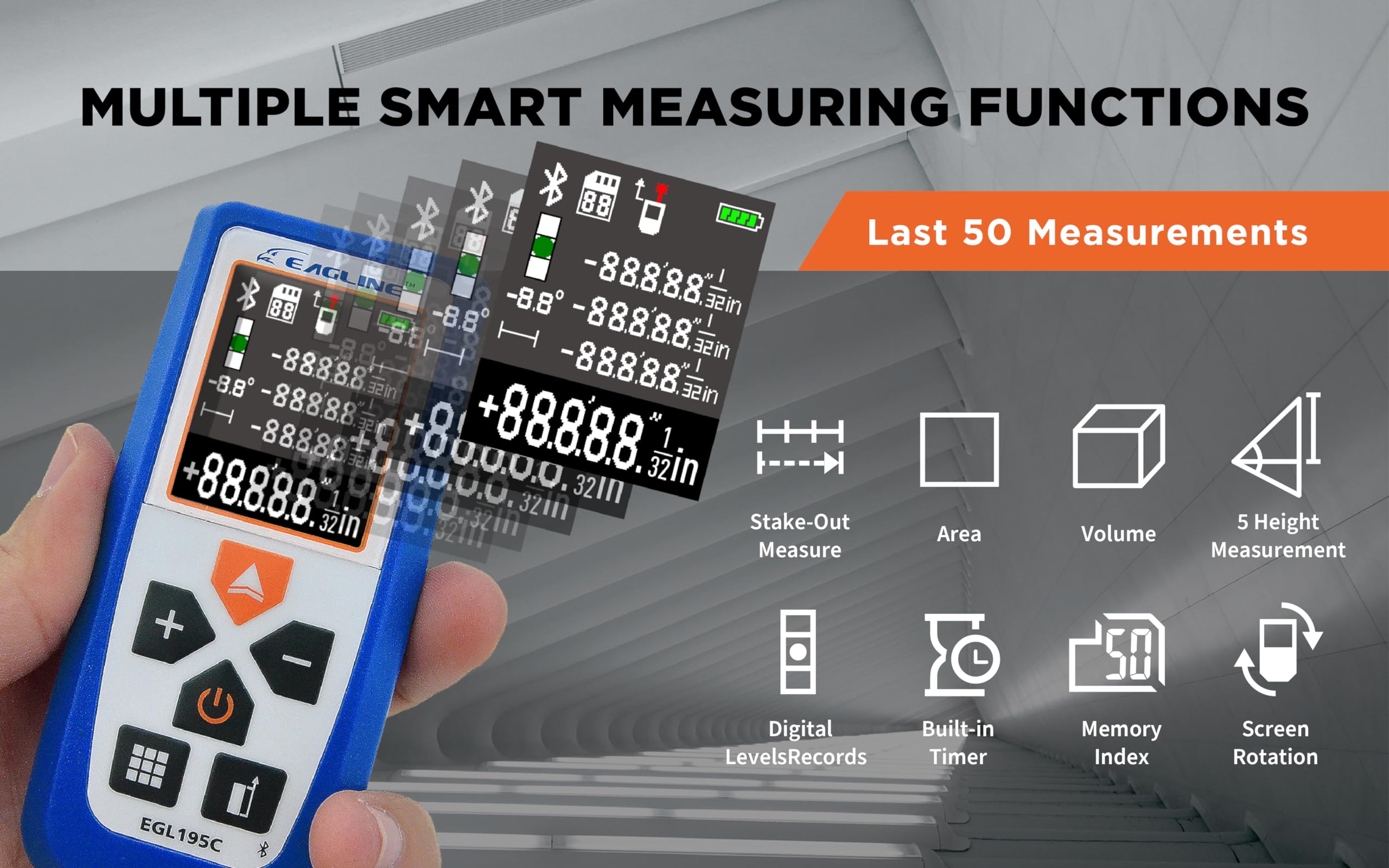 EAGLINE EAGLINE EGL195C Laser Distance Measure 195Ft Bluetooth Digital Level Tool with Protective Cover and Carpenter Pencil for Accurate Measurements - View 4 of 9