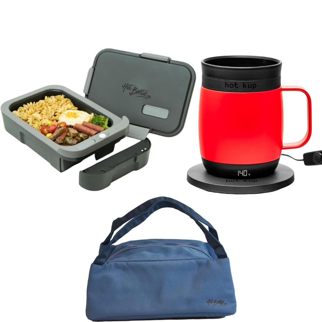Hot Bento Hot Bento Plus and Kup Gift Bundle Insulated Tote Self Heated Lunch Box and Coffee Mug Portable Hot Meals and Drinks for Office Travel Meal Prep