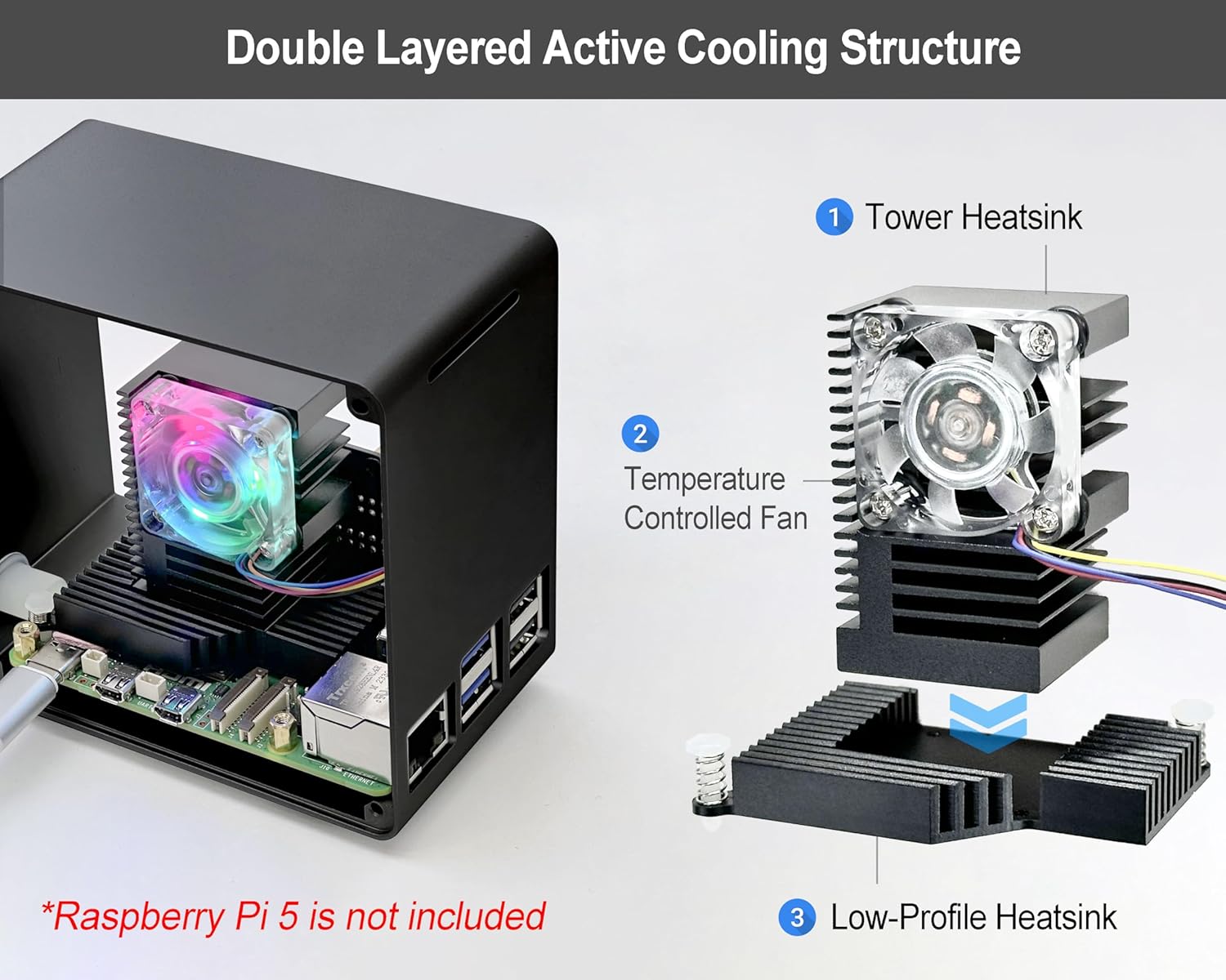 ElectroCookie ElectroCookie Raspberry Pi 5 Case Aluminum Mini Tower with Cooling Fan and Color Changing Ambient Light Black - View 2 of 9
