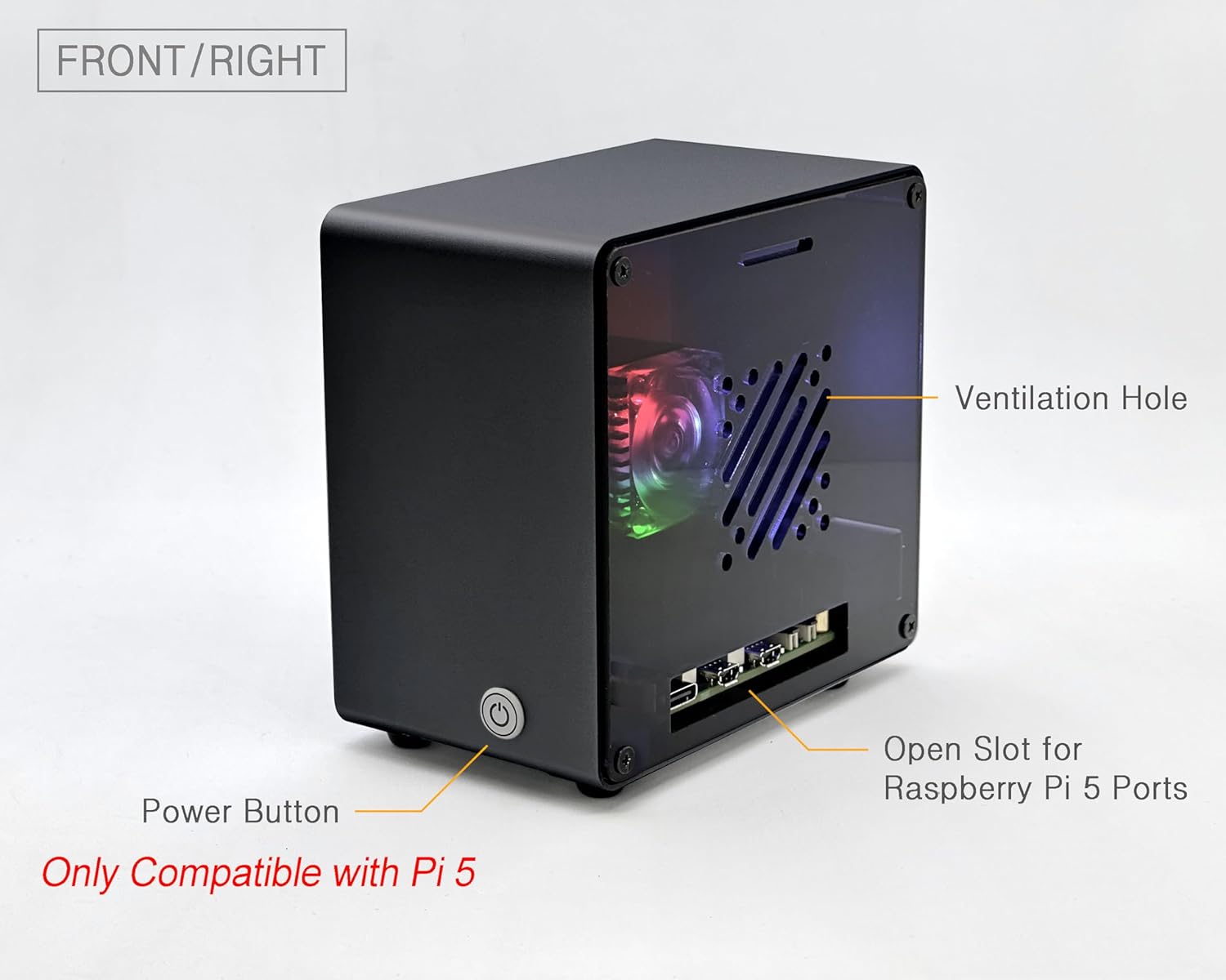 ElectroCookie ElectroCookie Raspberry Pi 5 Case Aluminum Mini Tower with Cooling Fan and Color Changing Ambient Light Black - View 3 of 9