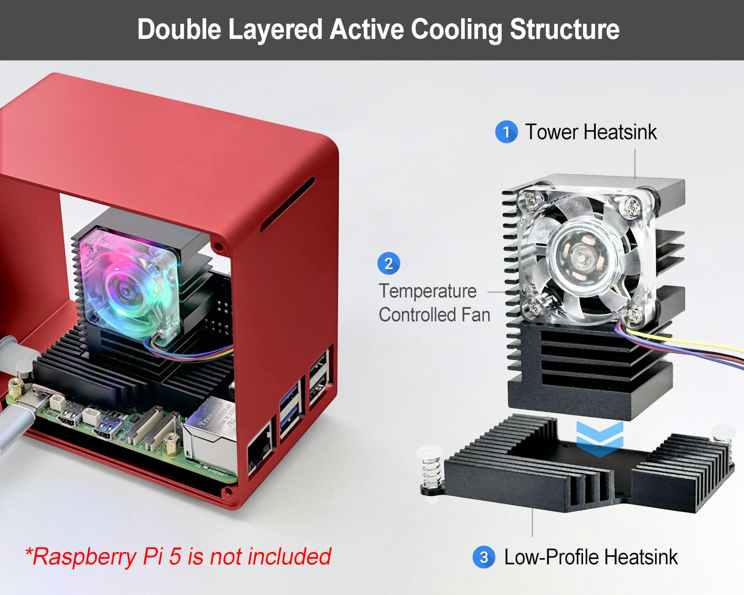ElectroCookie ElectroCookie Raspberry Pi 5 Case Aluminum Mini Tower with Cooling Fan and Color Changing Ambient Light Red - View 2 of 8