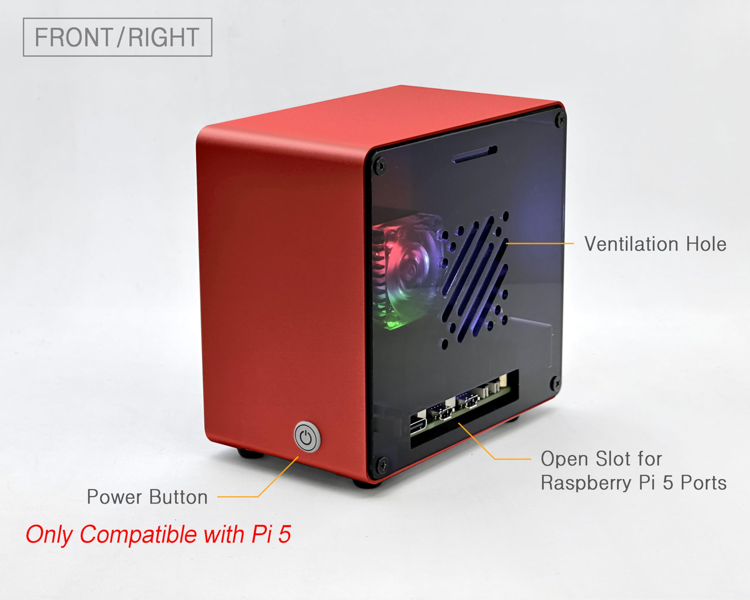 ElectroCookie ElectroCookie Raspberry Pi 5 Case Aluminum Mini Tower with Cooling Fan and Color Changing Ambient Light Red - View 3 of 8