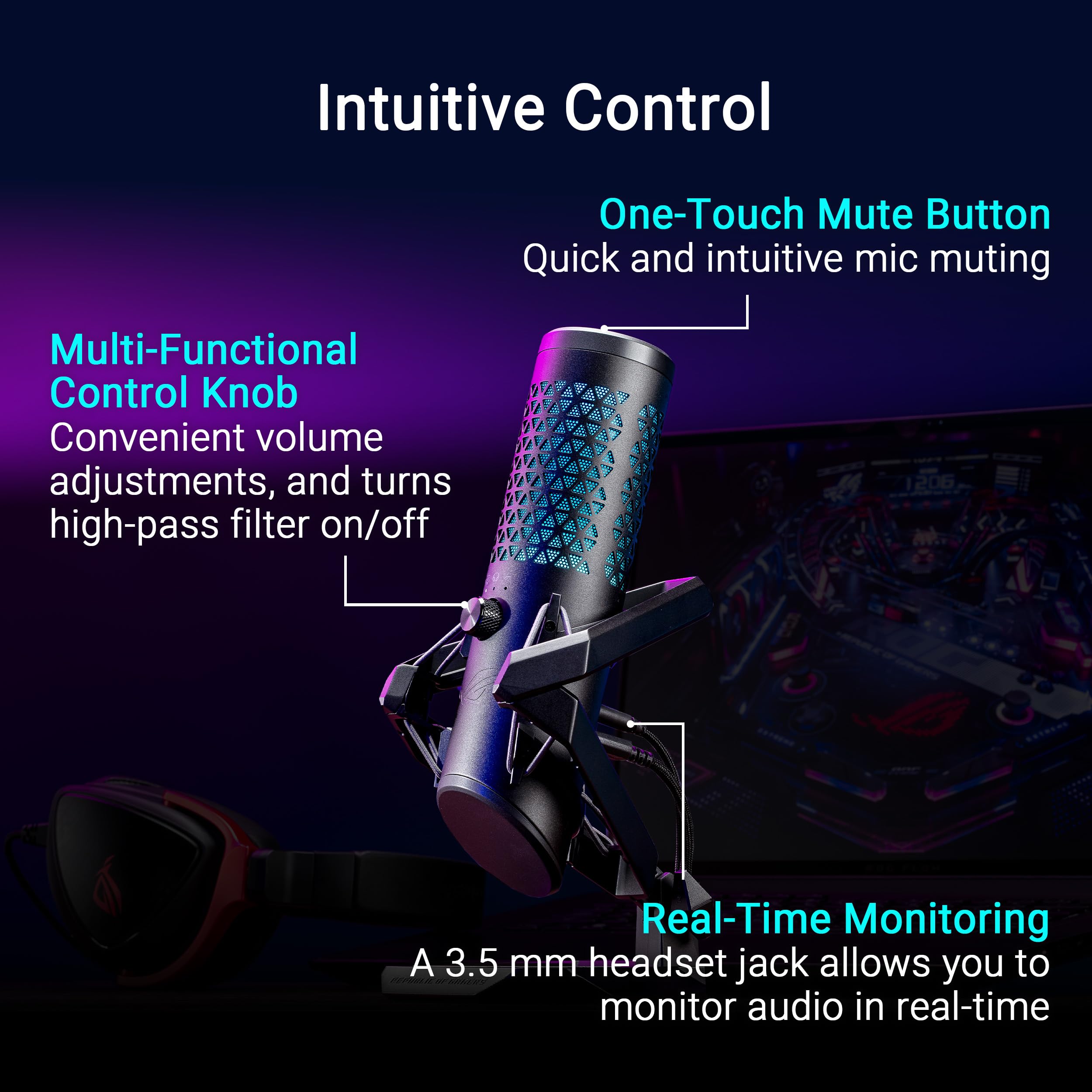 ASUS ASUS ROG Carnyx USB Gaming Microphone with 25mm Condenser Capsule and Aura Sync RGB for High-Quality Streaming and Recording - View 6 of 9