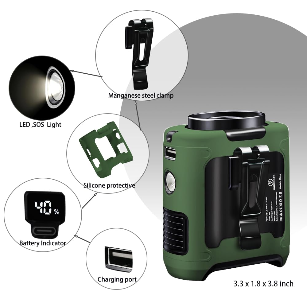 CAZOKASI CAZOKASI 2024 Upgrade 10000mAh Waist Clip Portable Body Fan with 40H Cooling for Heatstroke Prevention Green - View 6 of 7