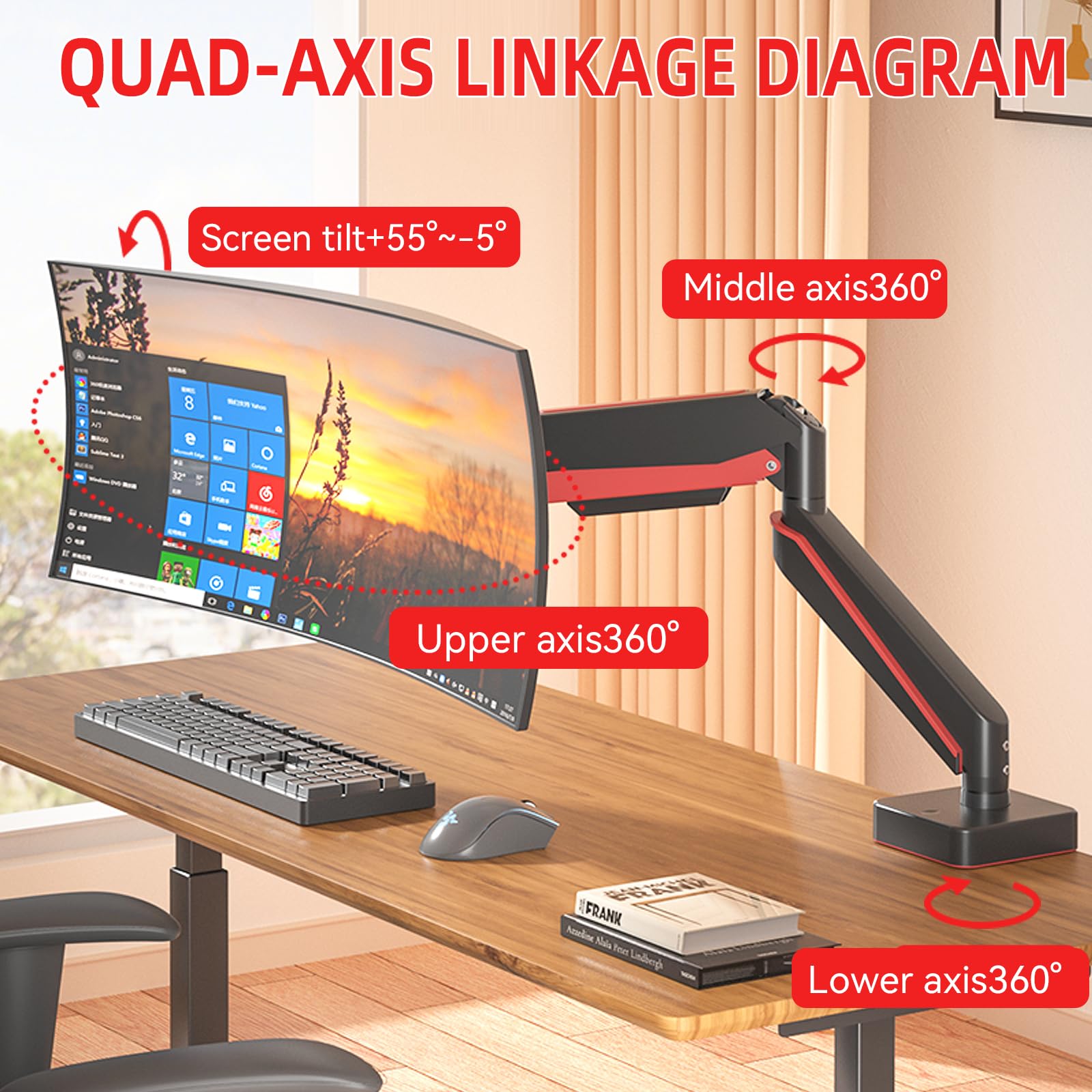 HILLPORT HILLPORT Premium Aluminum Heavy Duty Monitor Arm for 14 to 49 inch Ultrawide Displays Pneumatic Height Adjustable Desk Mount Black - View 3 of 6