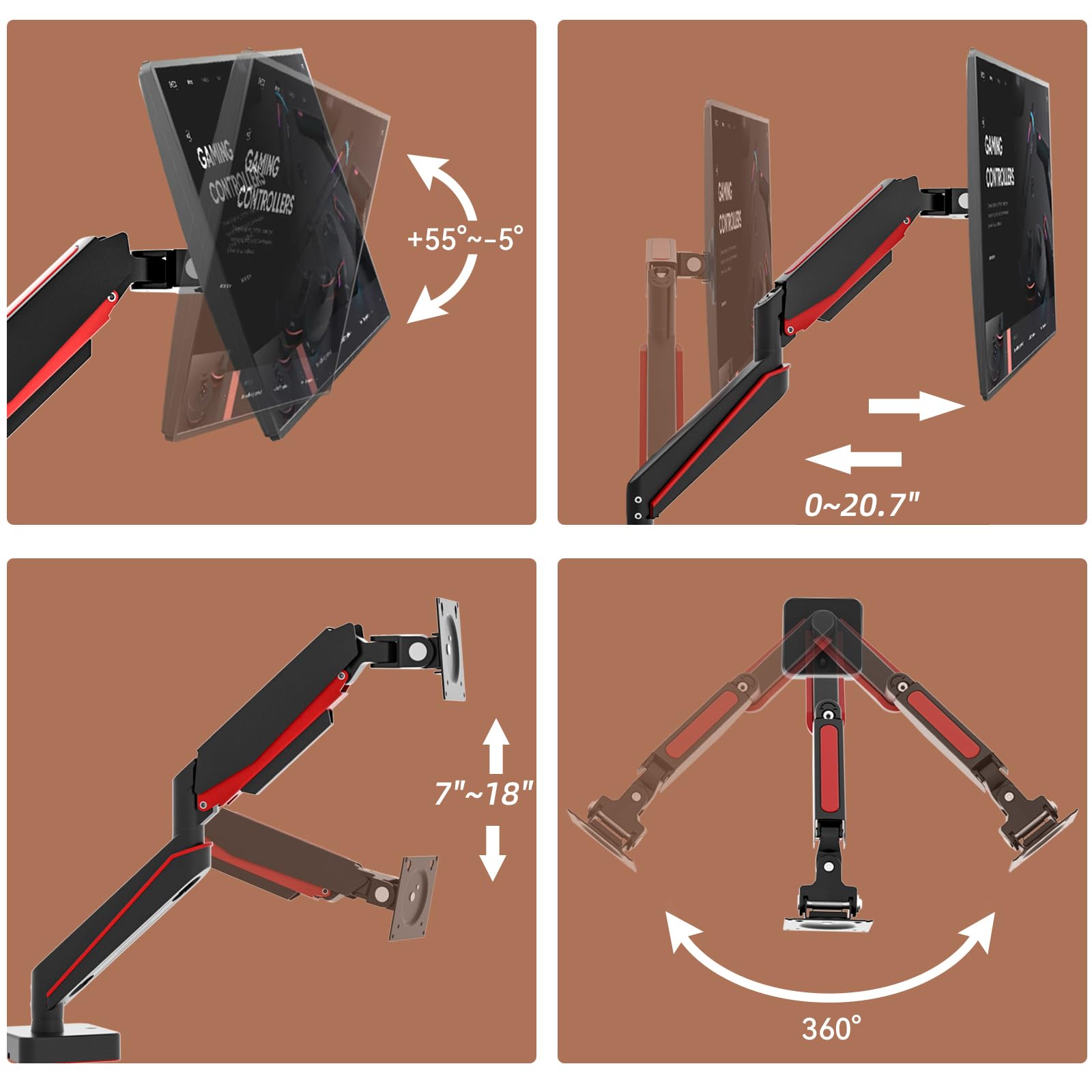 HILLPORT HILLPORT Premium Aluminum Heavy Duty Monitor Arm for 14 to 49 inch Ultrawide Displays Pneumatic Height Adjustable Desk Mount Black - View 4 of 6