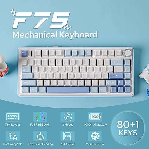 EPOMAKER EPOMAKER x Aula F75: Wireless 75% Gasket Mechanical Keyboard with RGB, Hot Swappable, & Five-Layer Padding - Sea Salt Blue - View 4 of 11