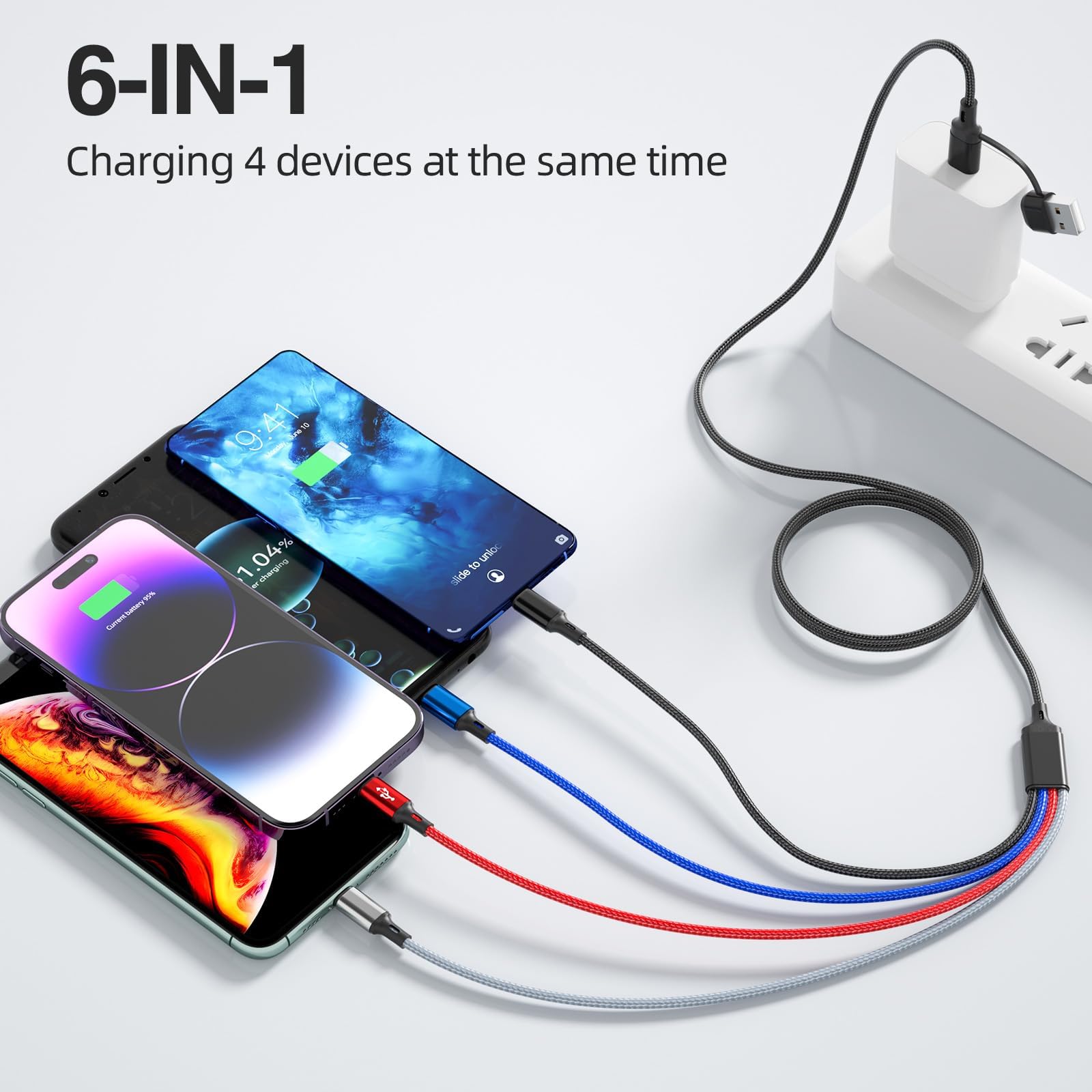 PonJel PonJel 6 in 1 Multi Charging Cable 2 Pack 6FT Braided Fast Charging Cord USB A C Micro USB for Cell Phones and Tablets - View 2 of 7