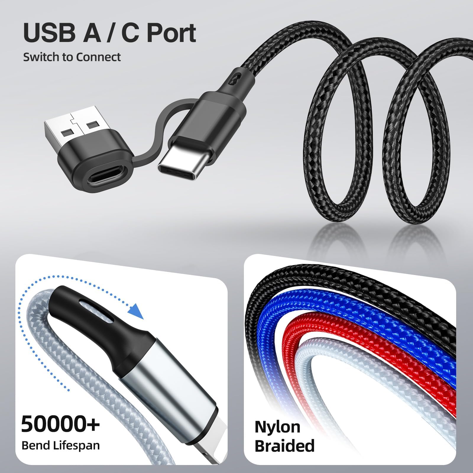 PonJel PonJel 6 in 1 Multi Charging Cable 2 Pack 6FT Braided Fast Charging Cord USB A C Micro USB for Cell Phones and Tablets - View 4 of 7