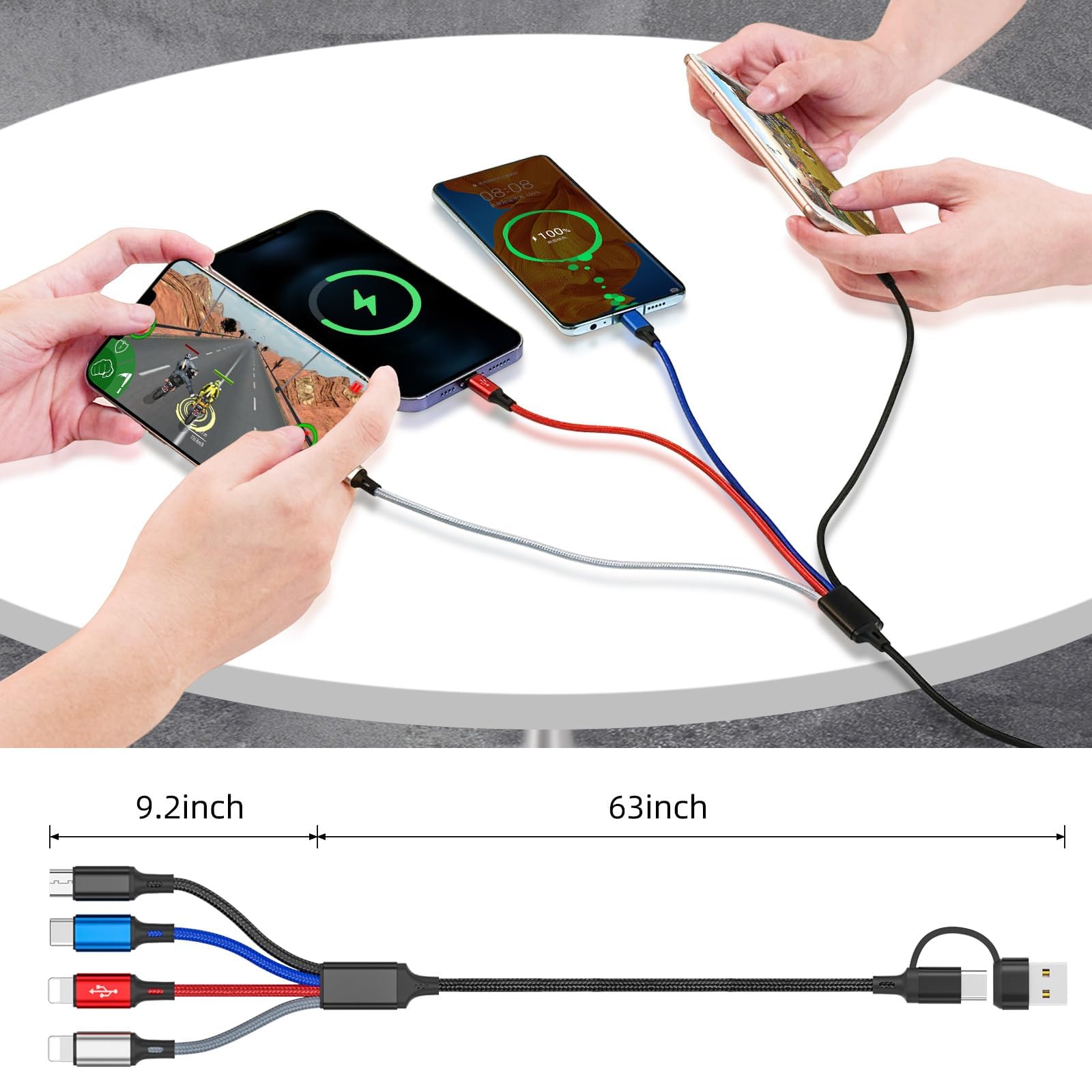PonJel PonJel 6 in 1 Multi Charging Cable 2 Pack 6FT Braided Fast Charging Cord USB A C Micro USB for Cell Phones and Tablets - View 7 of 7