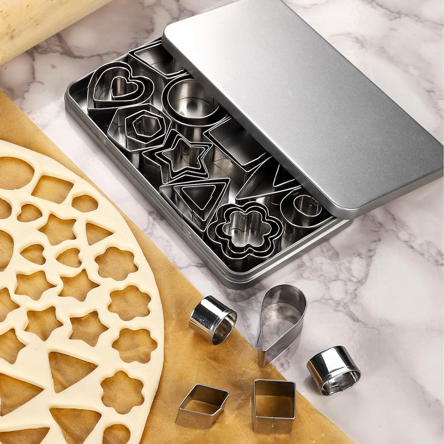 GELIFATLE Mini Cookie Cutter Set 30 Tiny Stainless Steel Stamps for Pastry Dough Pie Crust Fruit Fondant Shapes Rectangle Square Heart Star Triangle Round - View 5 of 5