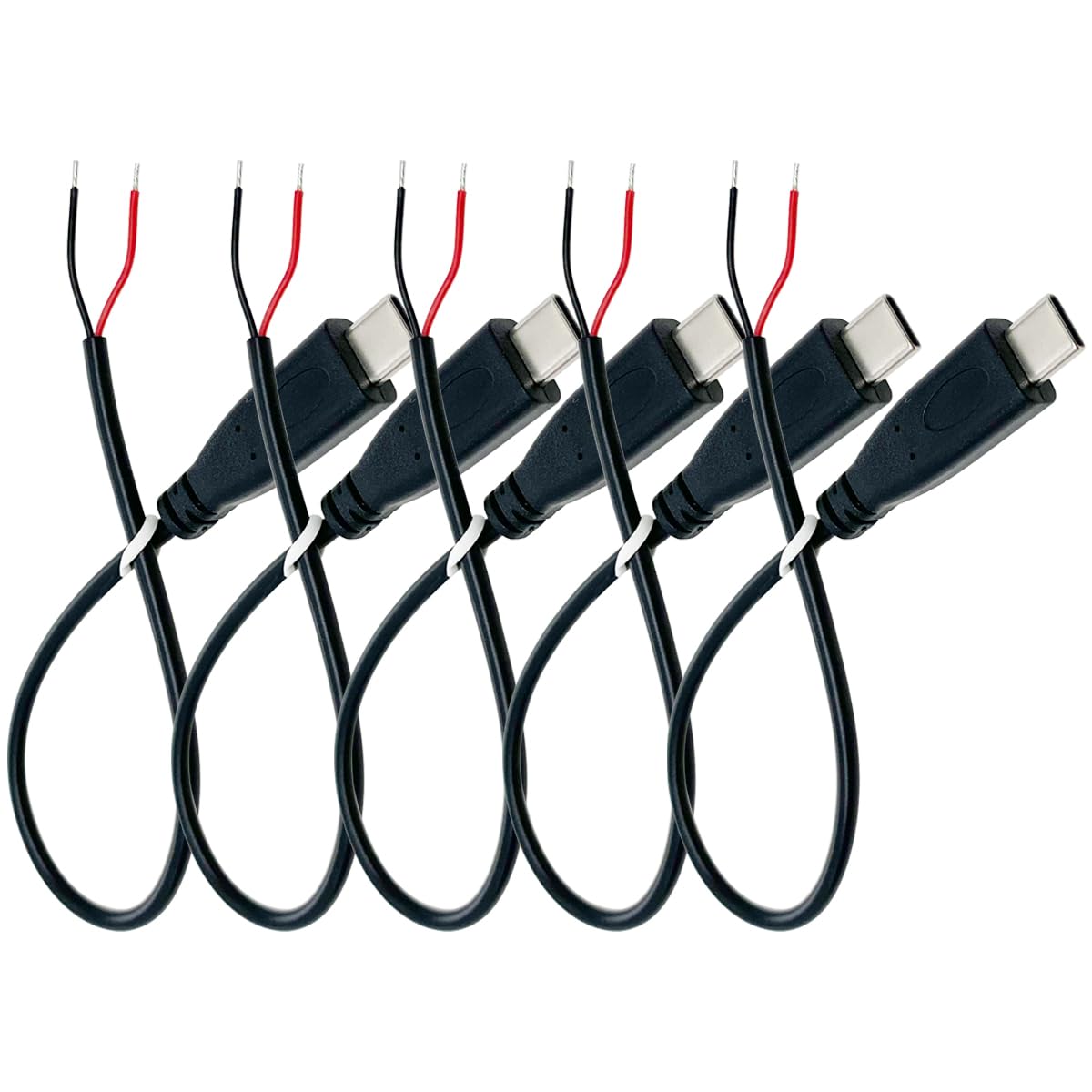 Jienk Jienk 5Pcs 25CM USB Type-C 2 Core Pigtail Cable 3A 5V Male Plug to Bare Wire for DIY Repair Black
