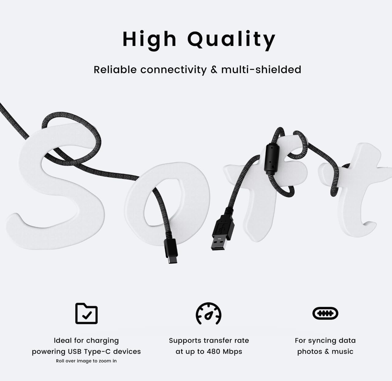 PWNAGE PWNAGE Ultra Custom Paracord USB C Cable for Gaming Keyboard and Mouse 1.8M USB-A to USB-C Black Flexible Double-Sleeved Cable - View 3 of 4