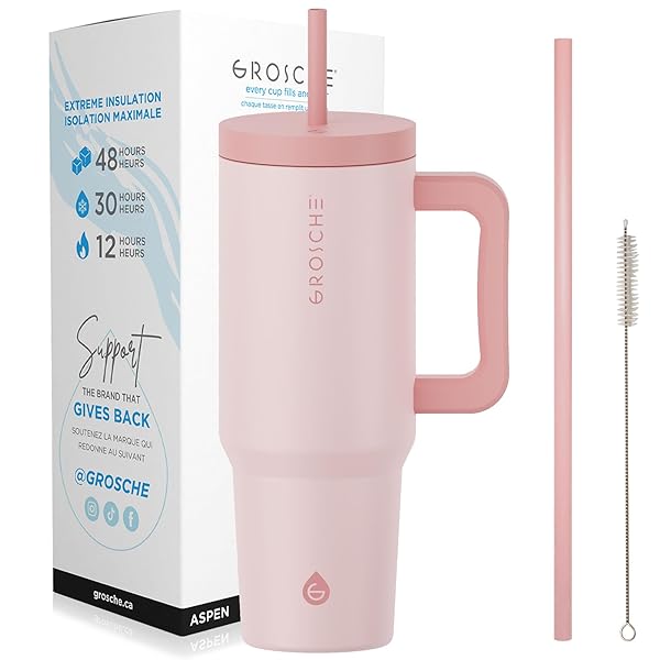GROSCHE GROSCHE ASPEN 40 oz Rose Pink Tumbler with Handle and Straw Insulated Stainless Steel Classy Design Built to Last