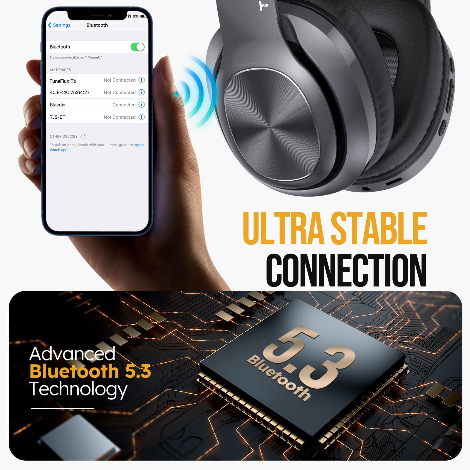 TuneFlux TuneFlux Wireless Bluetooth Headphones Over Ear with 80H Playtime and HiFi Stereo Sound for Smartphone and PC - View 6 of 7