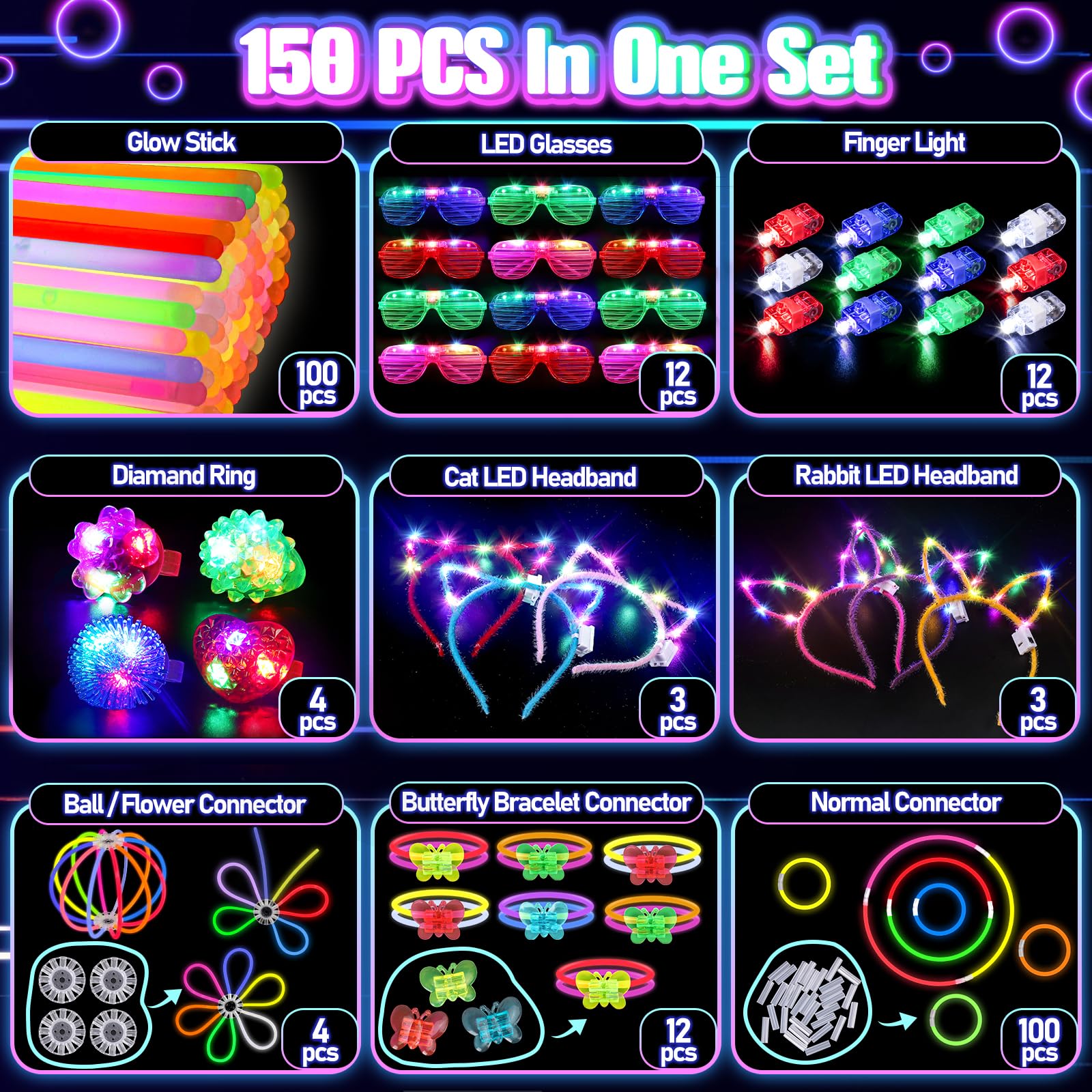 TSDATOWR 150PCS Glow in the Dark Party Supplies for Kids and Adults with Light Up Glasses Headbands Rings and Glow Sticks Bulk Party Pack - View 2 of 7
