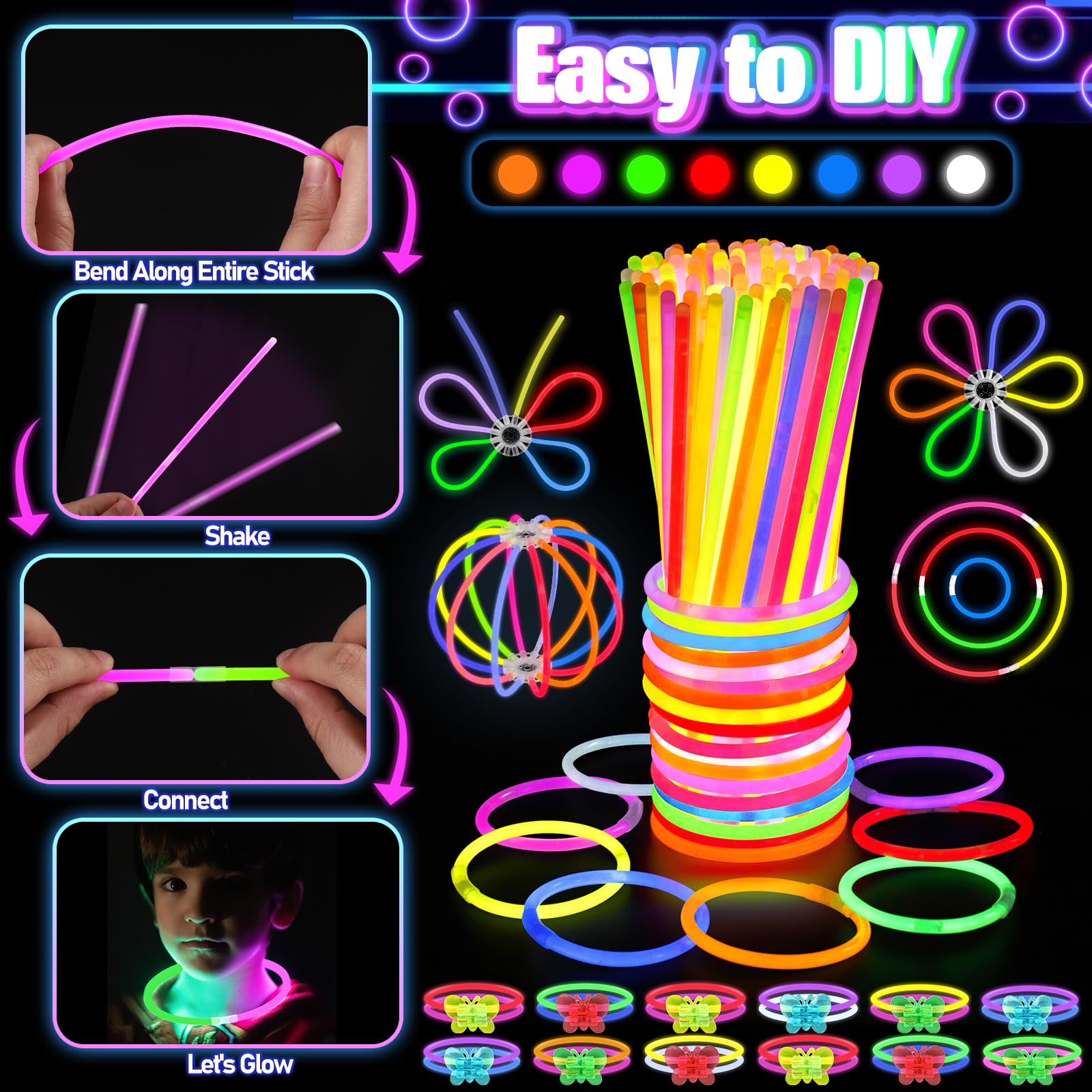 TSDATOWR 150PCS Glow in the Dark Party Supplies for Kids and Adults with Light Up Glasses Headbands Rings and Glow Sticks Bulk Party Pack - View 3 of 7