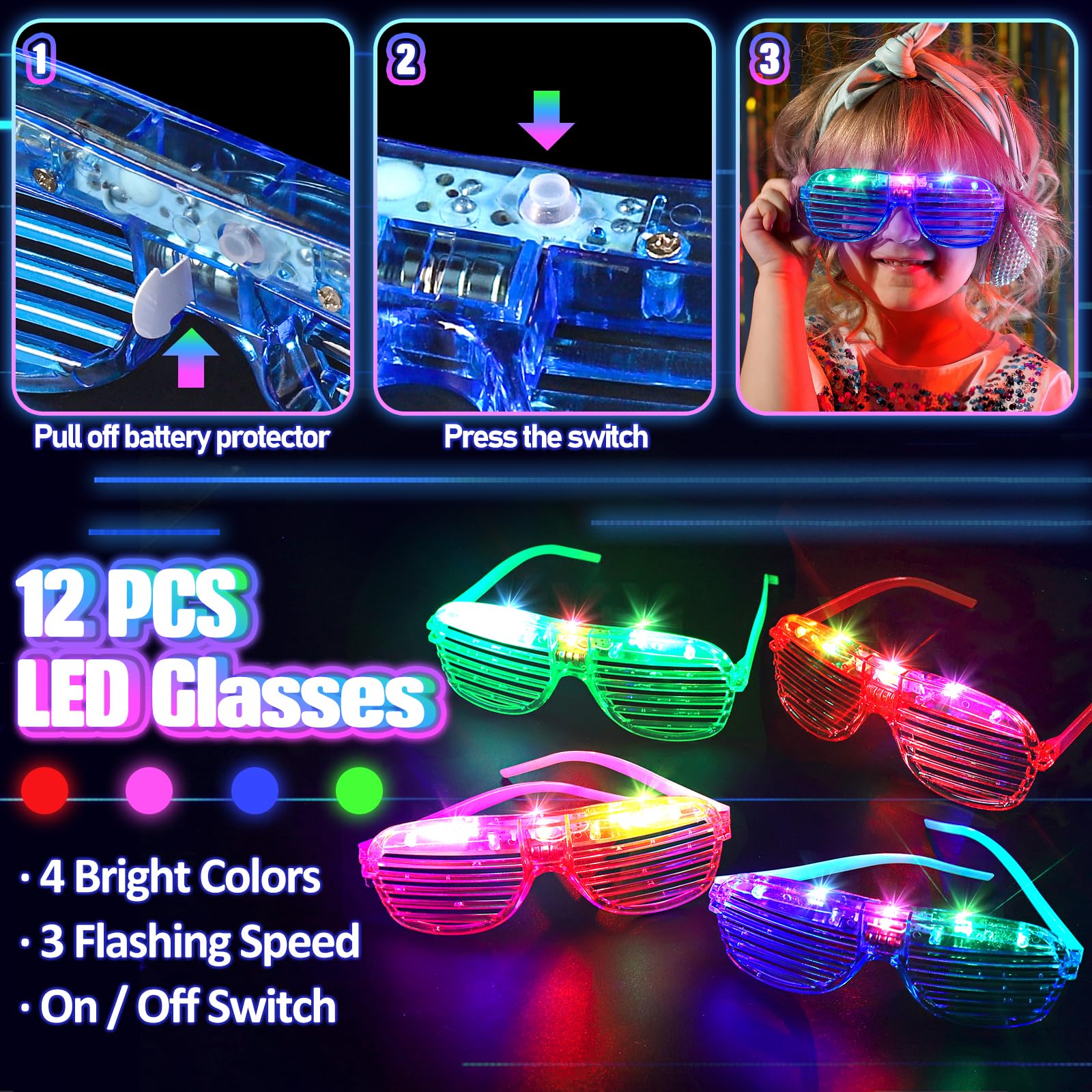 TSDATOWR 150PCS Glow in the Dark Party Supplies for Kids and Adults with Light Up Glasses Headbands Rings and Glow Sticks Bulk Party Pack - View 4 of 7