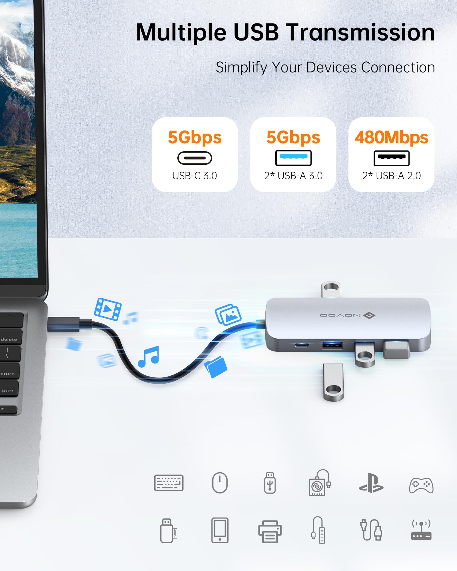 NOVOO USB C Hub 9 in 1 Multiport Adapter with 4K HDMI 5 USB Ports 100W PD SD TF for MacBook Pro Air HP DELL Lenovo ASUS Laptops NOVOO - View 3 of 8