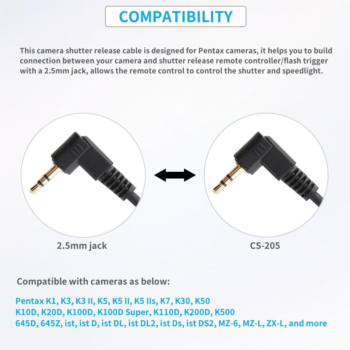 Keabroir 2.5mm to K1 Camera Shutter Release Cable Remote Control Cord for PENTAX 645Z 645D K3 K5 K30 K50 K500 K7 Speedlight Flash Trigger - View 2 of 9