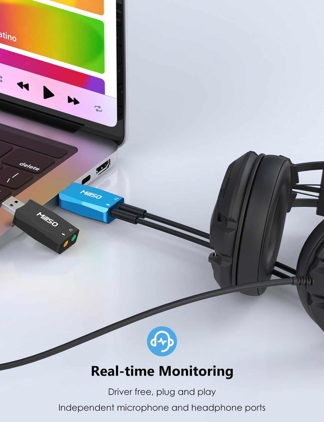 MillSO MillSO External USB Sound Card Portable USB to 3.5mm Audio Jack Adapter for PC Recording Training Streaming Podcasting Blue - View 2 of 9