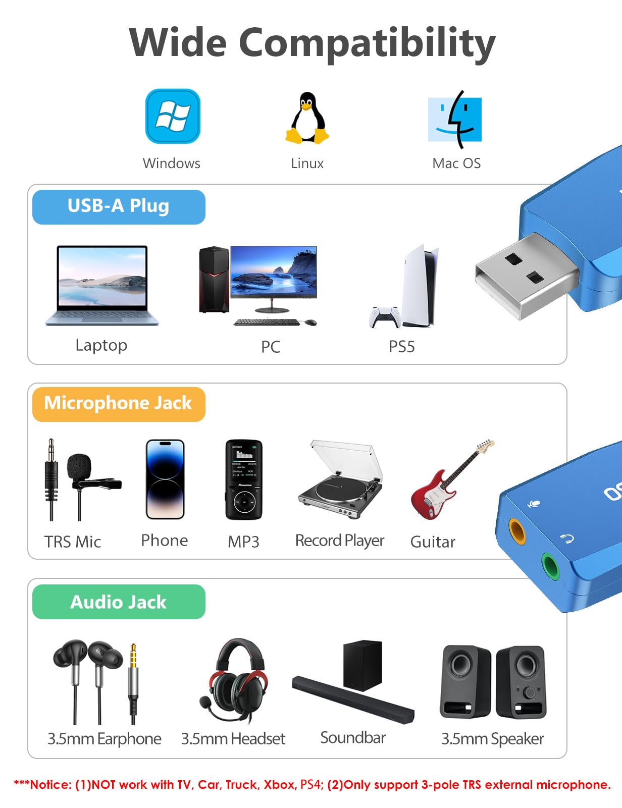 MillSO MillSO External USB Sound Card Portable USB to 3.5mm Audio Jack Adapter for PC Recording Training Streaming Podcasting Blue - View 4 of 9