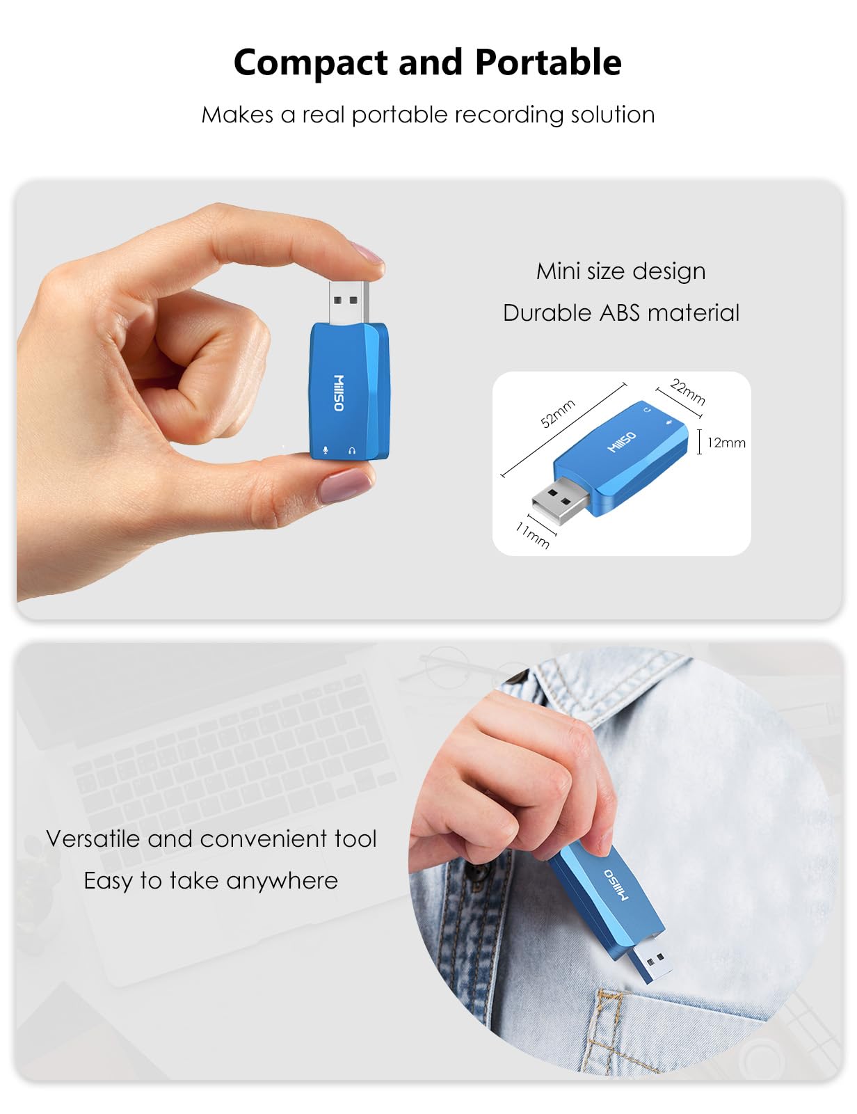 MillSO MillSO External USB Sound Card Portable USB to 3.5mm Audio Jack Adapter for PC Recording Training Streaming Podcasting Blue - View 9 of 9