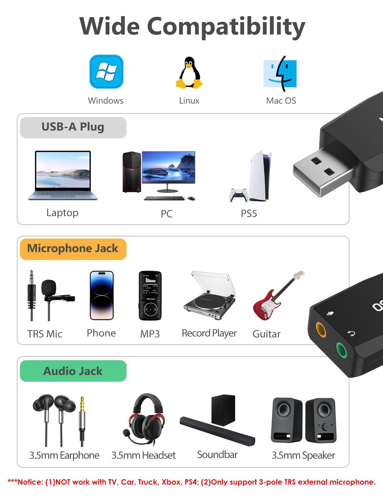 MillSO MillSO USB to 3.5mm Audio Jack Adapter with Internal Recording Portable Sound Card for PC Streaming Podcasting Black - View 4 of 9
