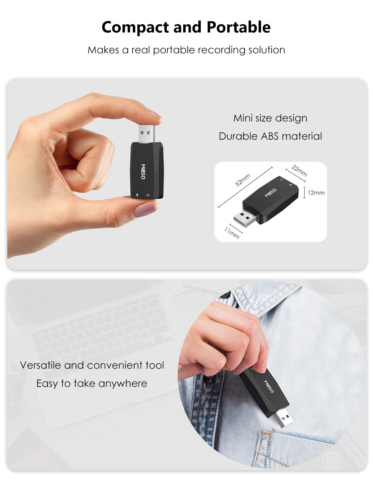 MillSO MillSO USB to 3.5mm Audio Jack Adapter with Internal Recording Portable Sound Card for PC Streaming Podcasting Black - View 9 of 9