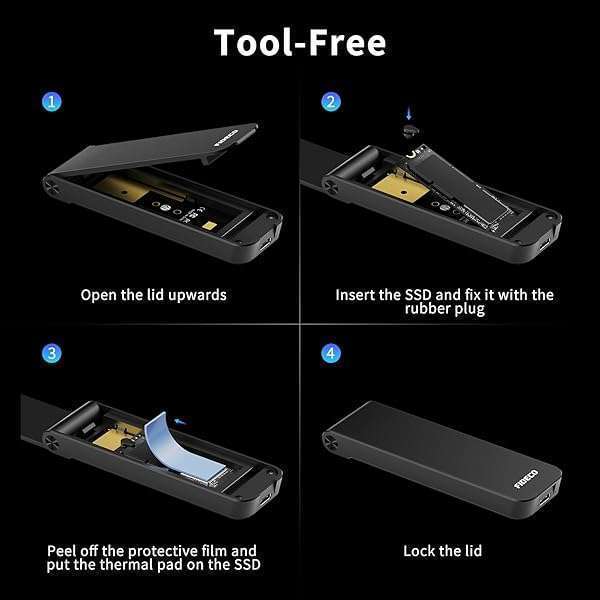 FIDECO FIDECO M.2 NVMe SSD Enclosure, USB 3.2 Gen 2 to M.2 NVMe Enclosure, PCIe NVMe Adapter for M &amp; M+B Key, Sandwich Style Design, Tool-Free Installation, Support UASP and TRIM - View 8 of 11