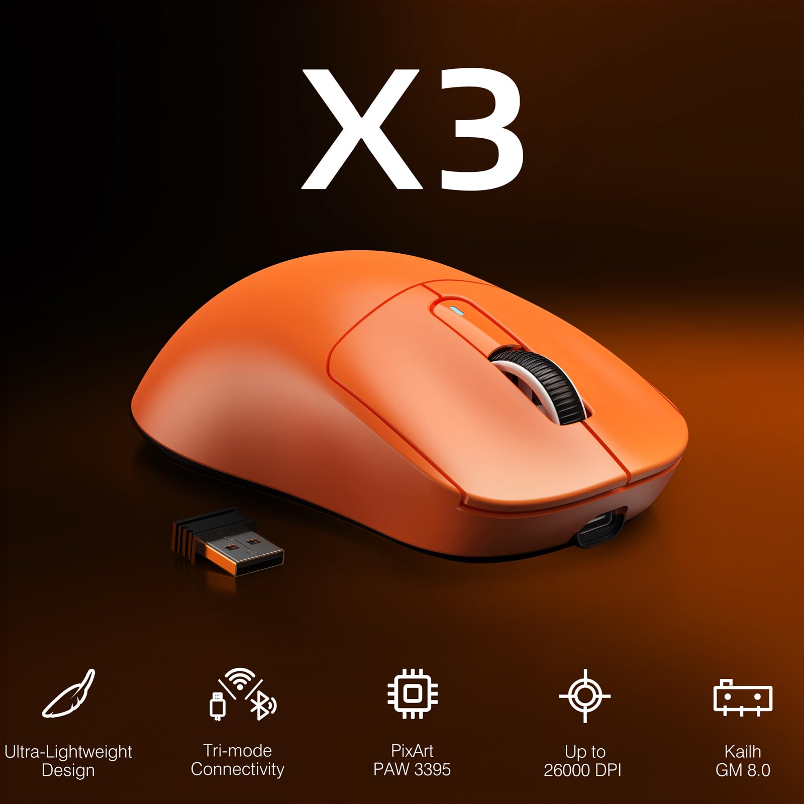 ATTACK SHARK ATTACK SHARK X3 Lightweight Wireless Gaming Mouse Tri-Mode 2.4G USB-C Bluetooth 26K DPI PAW3395 Optical Sensor Kailh GM8.0 Switch Orange - View 2 of 9